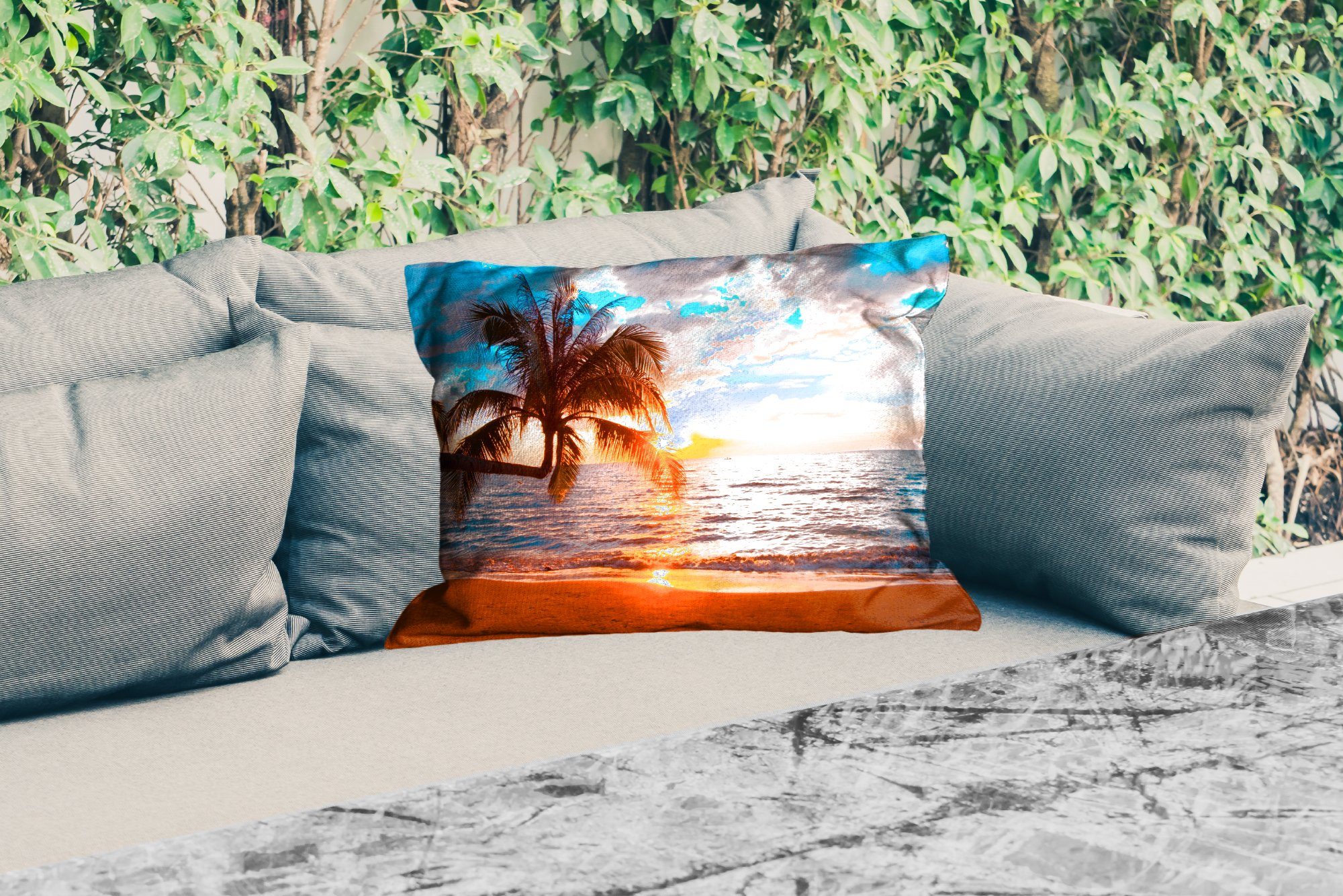 Sonnenuntergang Palme Polyester, Tropisch, Kissenhülle Outdoor-Dekorationskissen, - - - MuchoWow Meer Strand - Horizont Dekokissenbezug, - Dekokissen