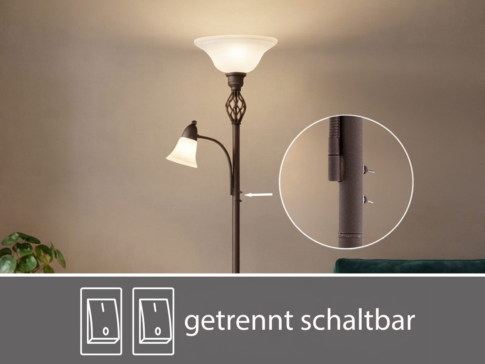 TRIO Leuchten LED Deckenfluter mit Leselampe & Glasschirm, Höhe 180cm, dimmbar, LED wechselbar, Warmweiß, große Stehlampe zum Lesen, Landhausstil Wohnzimmer Lam – Bild 5 von 5