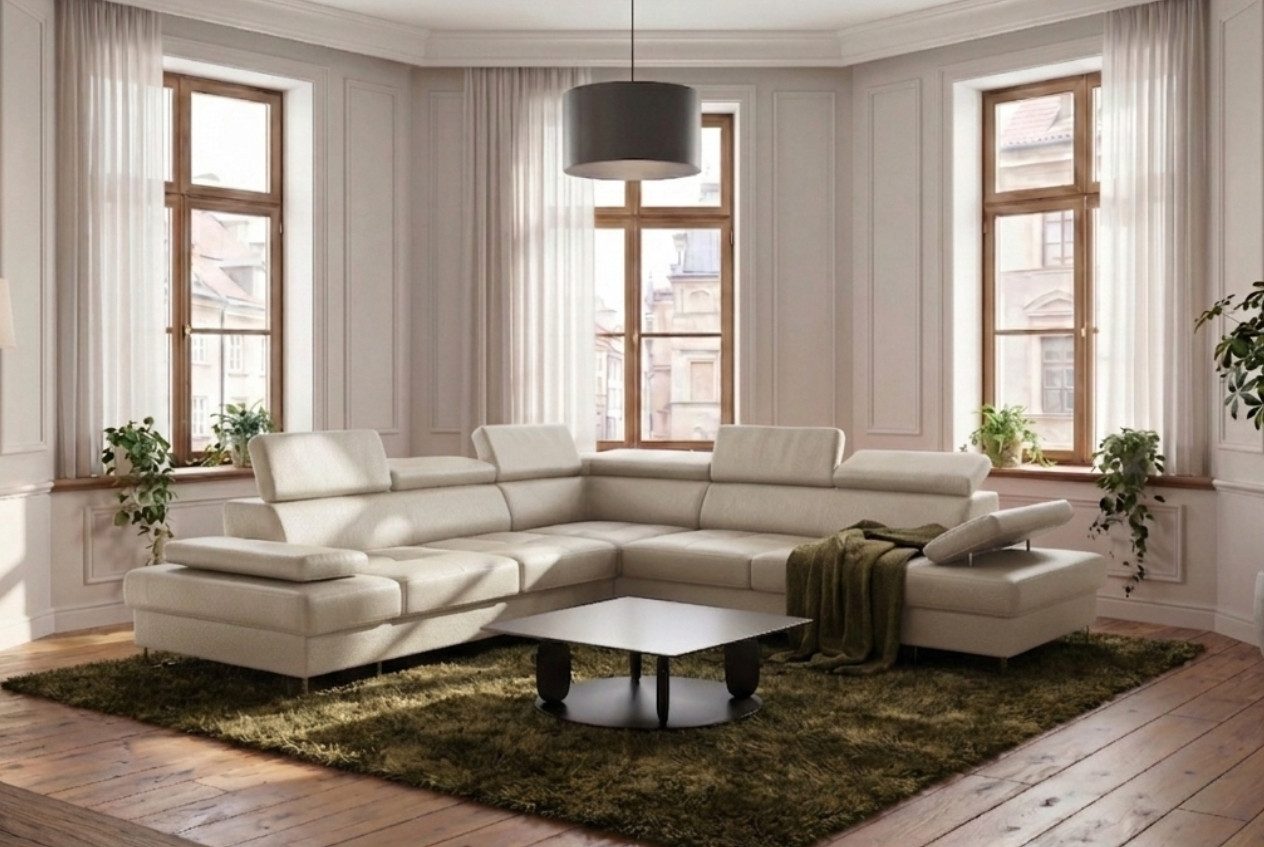 Friderik-EU Ecksofa Galaxy Max, L-Form Echtleder Madras mit Schlaffunktion, 280x280 cm, Ledersofa mit Bettkasten, verstellbaren Kopfstützen & Armlehne
