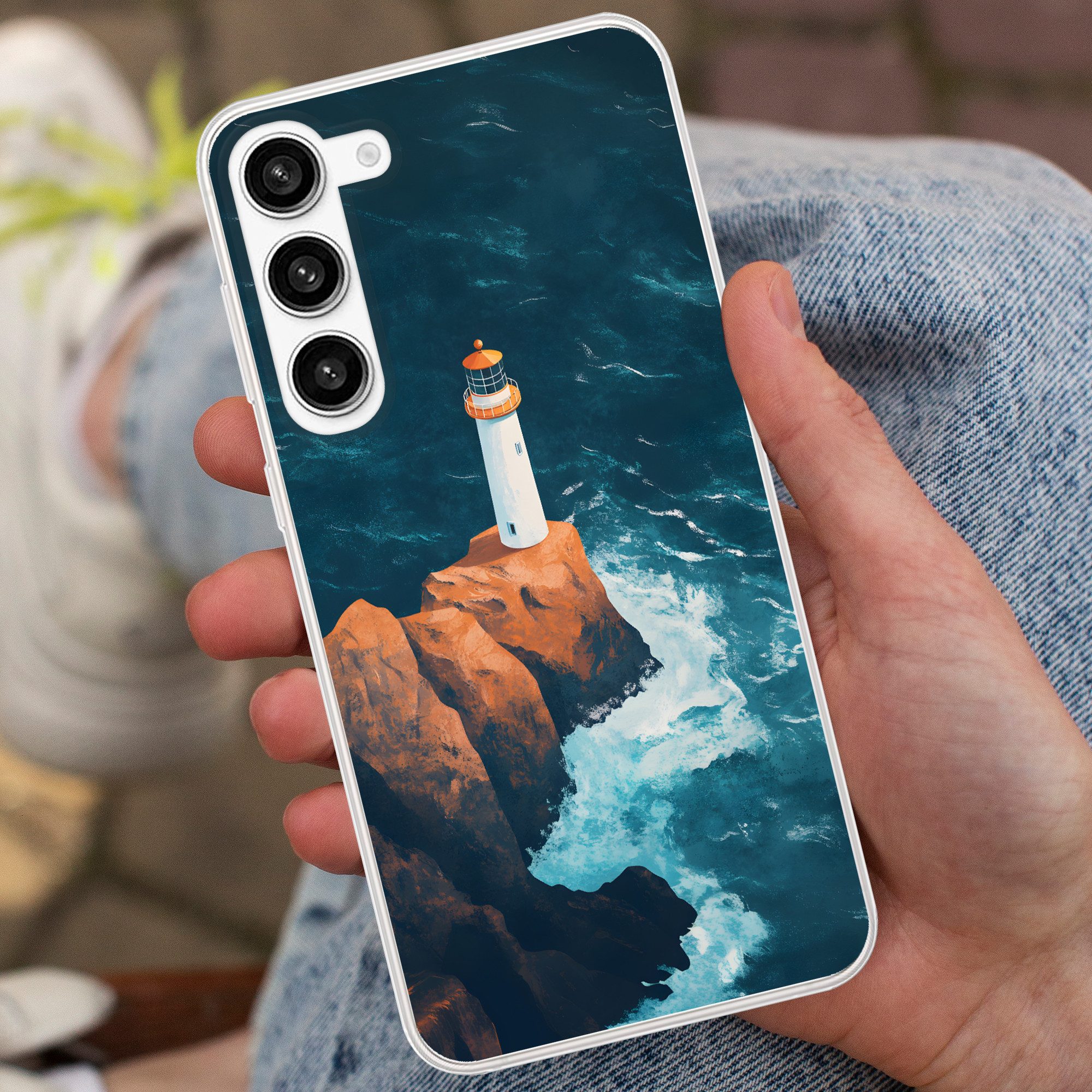 MuchoWow Handyhülle für Samsung Galaxy S23 Plus Leuchtturm - Felsen - Meer - Wellen, Phone Case, Silikon, Schutzhülle Dünn