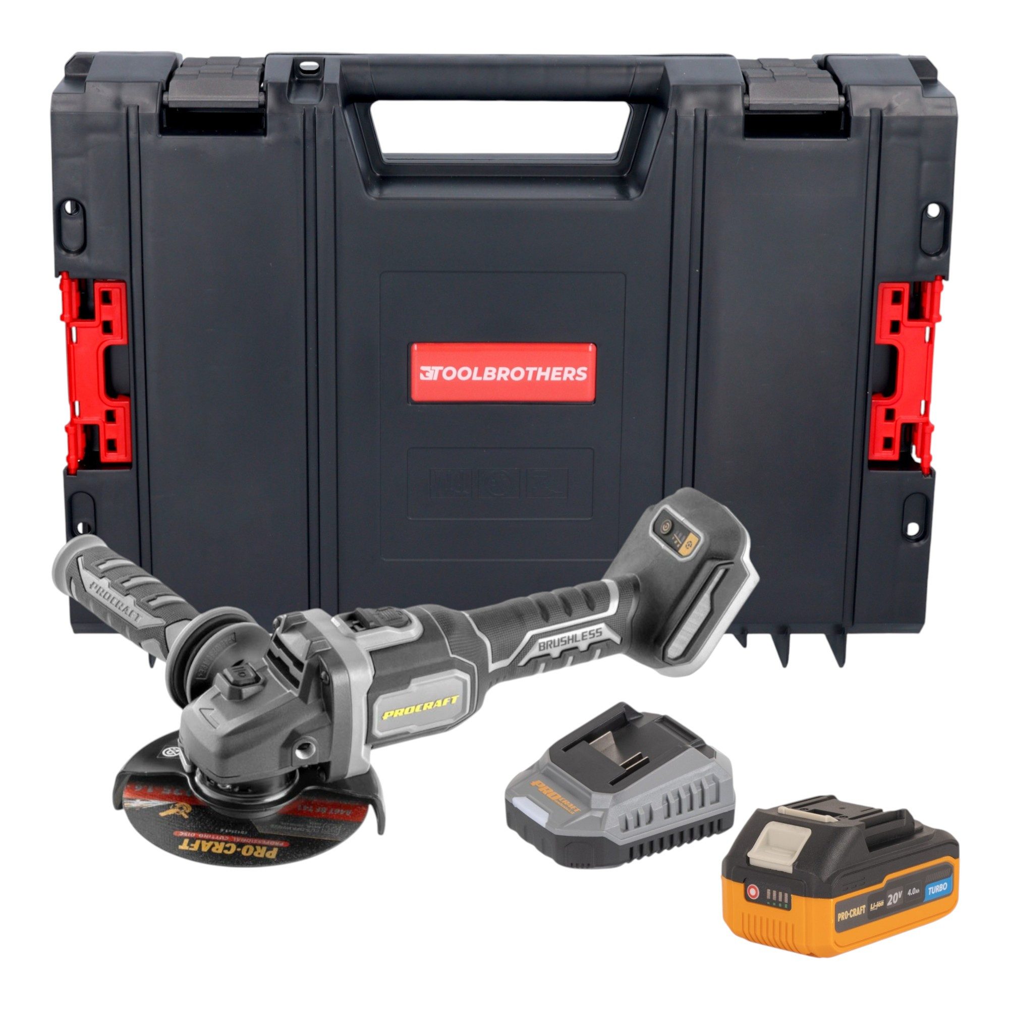 PROCRAFT industrial Winkelschleifer AG125Bbb 20 V 125 mm + 1x Akku 4,0Ah + Ladegerät + RHINO Toolcase