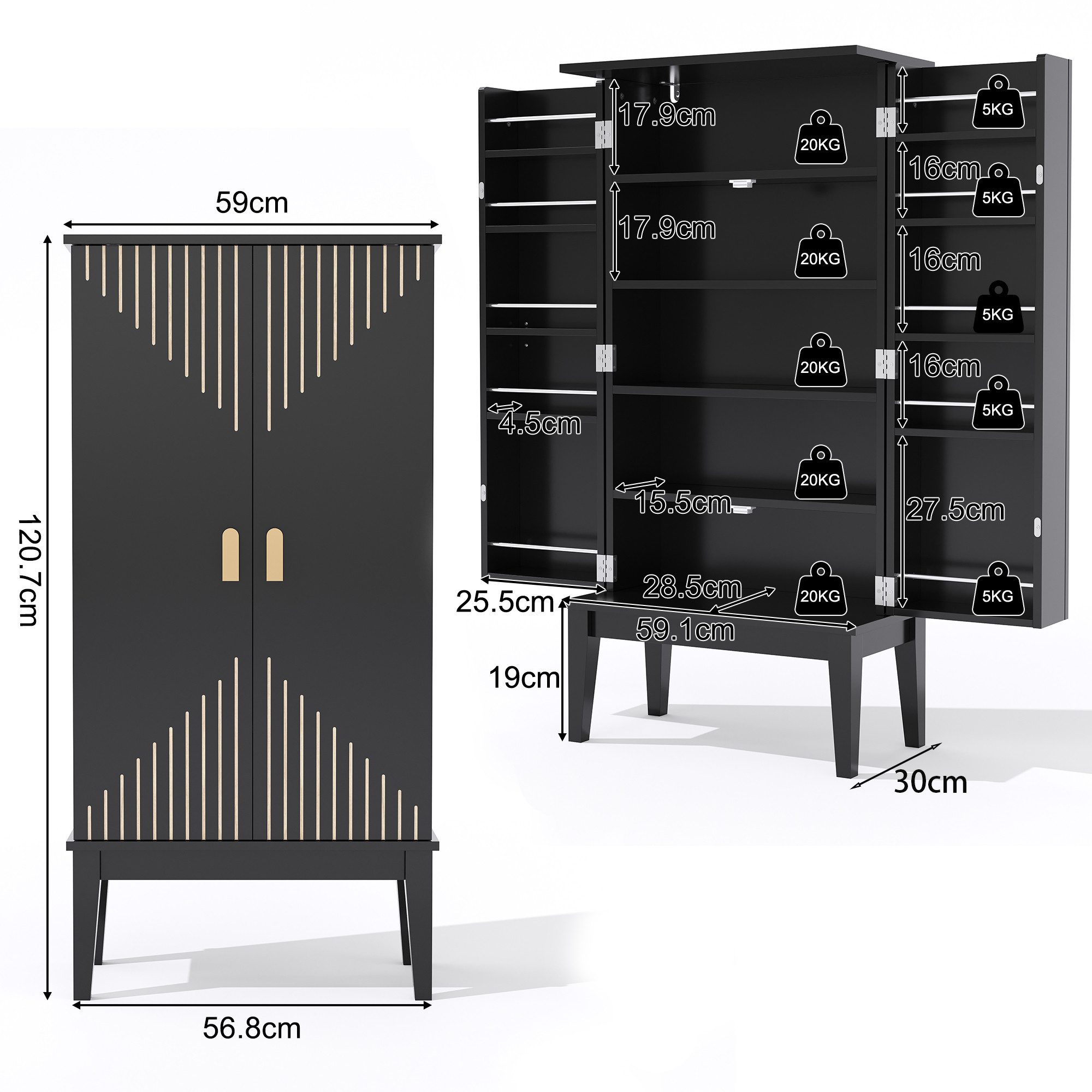 Celya Sideboard geräumiger Küchenschrank, 2-Tür-Aufbewahrungsschrank mit Türablage (Vintage-Stil Aufbewahrungsschrank mit Fünf Regalfächer), geeignet für Küche, Esszimmer, Wohnzimmer und Flur