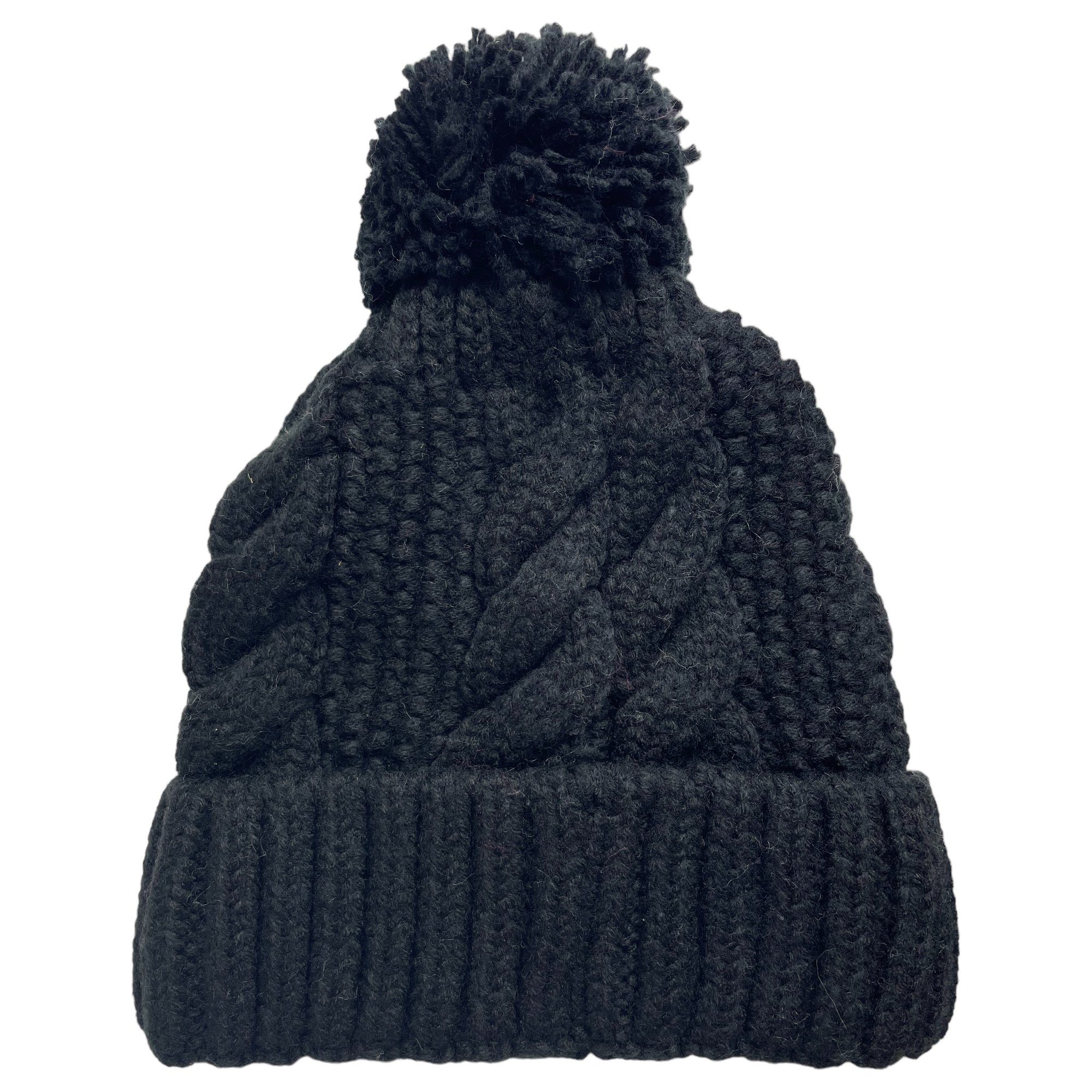 Taschen4life Bommelmütze Damen, Herren & Kinder Strickmütze Kira Mütze, Beanie mit Bommel, gestrickt Zopfmuster schwarz