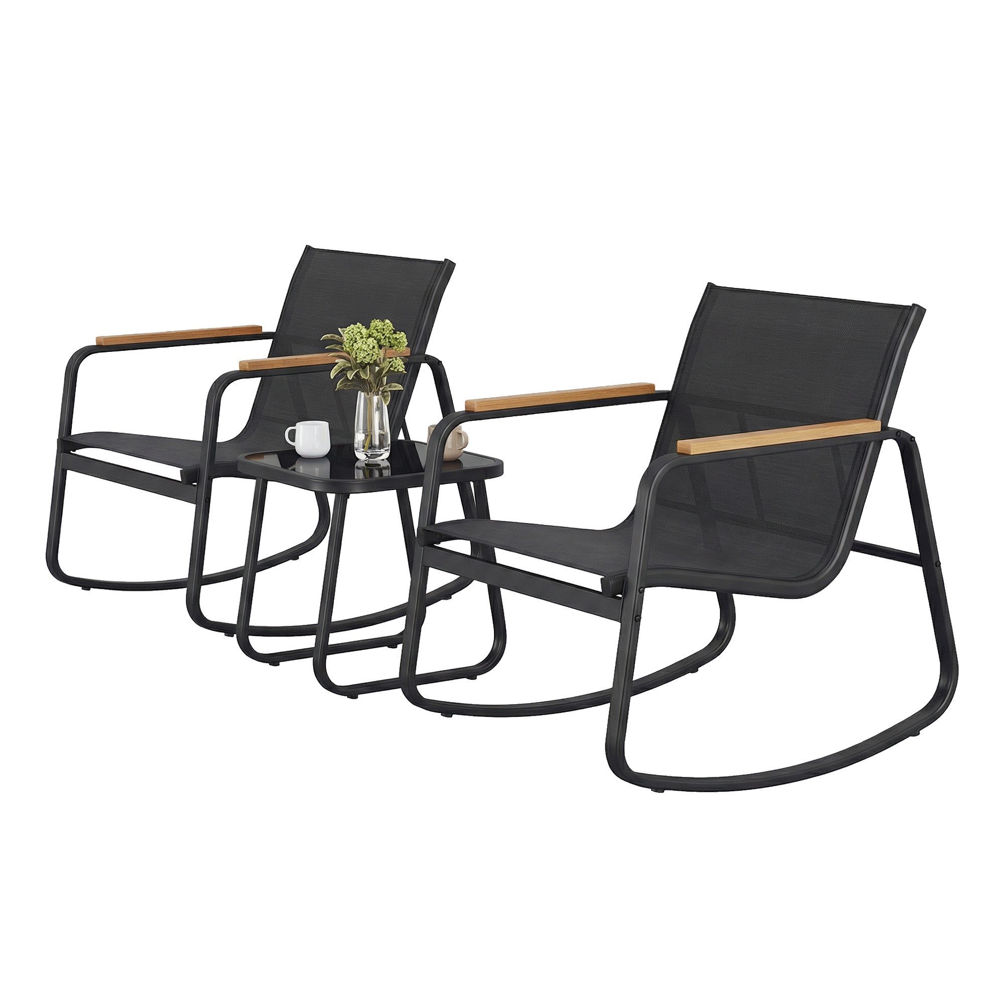 SONGMICS Gartenlounge-Set Balkonmöbel, (3-tlg., 2 Stuhl, 1 Beistelltisch), 2 Schaukelstühle mit Tisch, Stahl, mit Armlehnen, atmungsaktiv