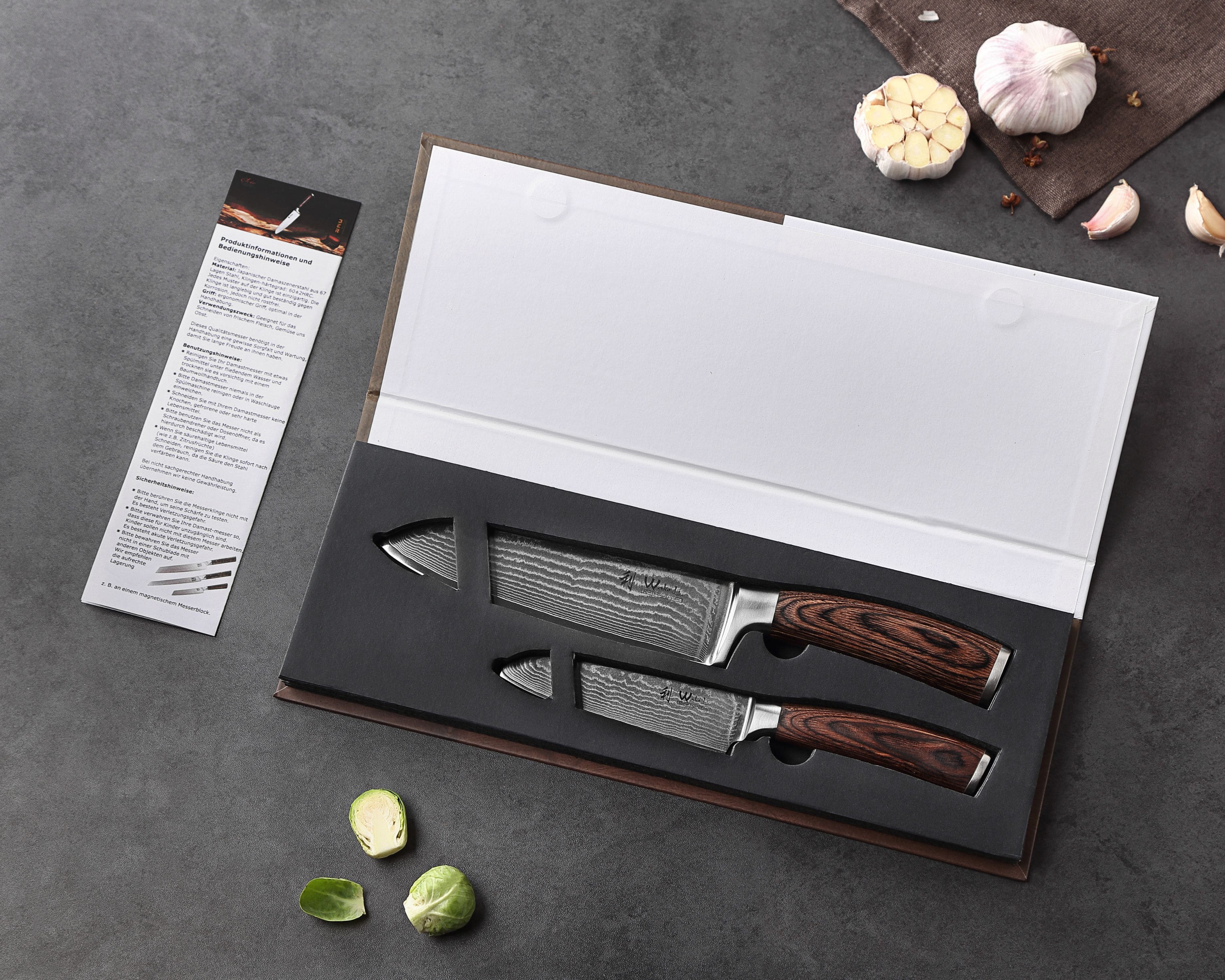 Wakoli Messer-Set EDIB Santoku Set I Kochmesser Küchenmesser-Set I 12 und 17cm Klingen (Damastmesser mit Geschenkbox, 2-tlg., 2er Damastmesser-Set), Aus 67 Lage – Bild 4 von 5