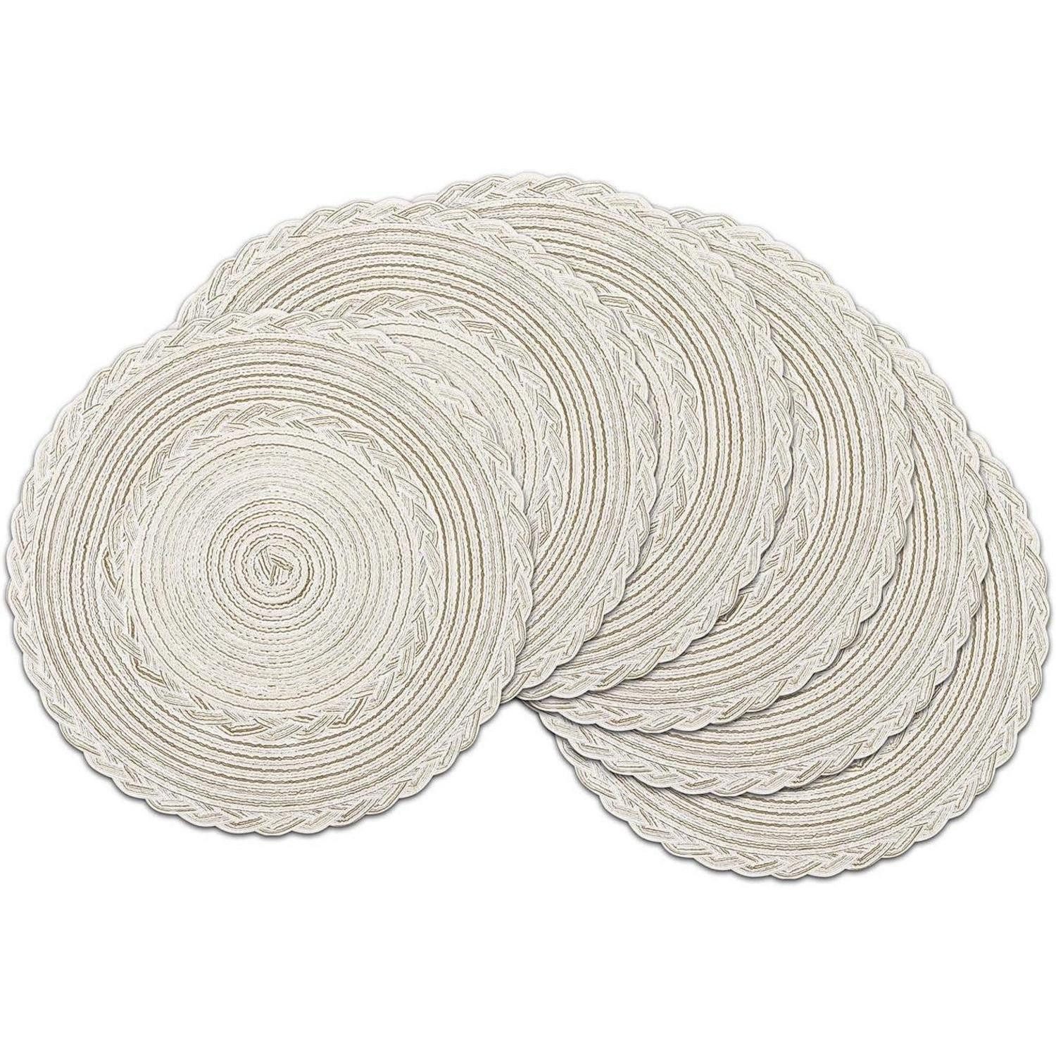 LuxusKollektion Platzset Tischsets Rund Abwaschbar Geflochten 6er Set Elfenbein Umrandet, (6-St)