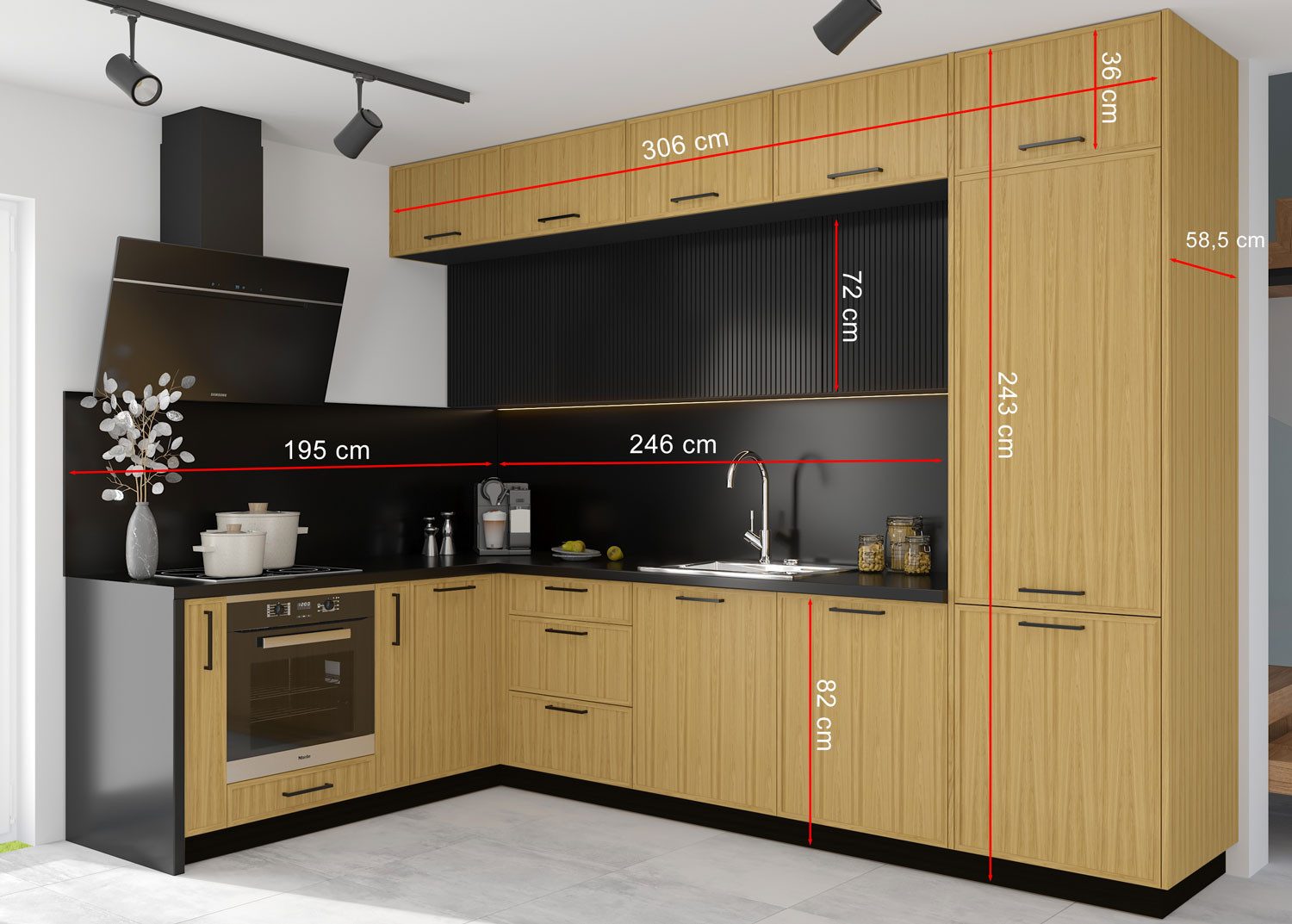 Feldmann-Wohnen Winkelküche Narvik, (Hängeschränke mit Lamellenfronten), 306x199cm schwarz Naturholz, HETTICH Vollauszug, mit Arbeitsplatte