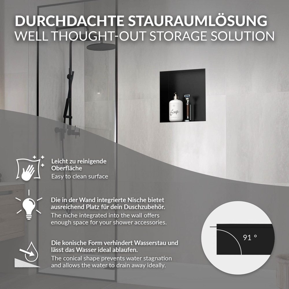 LuxeBath Duschwand Wandnische aus Edelstahl Flexibler Einbau für Badezimmer Randlos, Duschnische Schwarz 30x30x10cm Einzelregal Randlos Befliesbare Nische – Bild 4 von 5