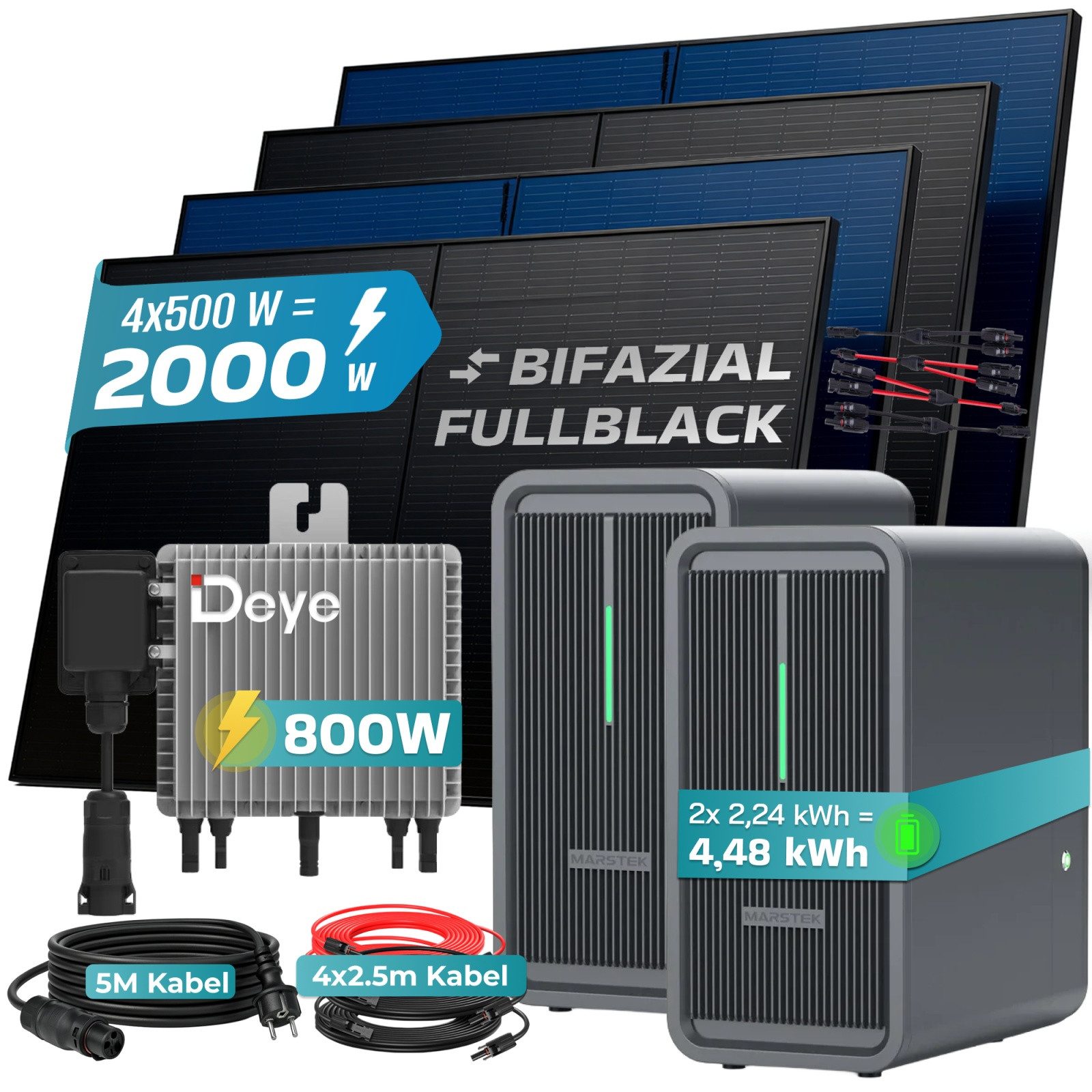 SUNNIVA Balkonkraftwerk 2000W Deye mit 4,48 kWh Speicher MARSTEK B2500-D, (BIFAZIAL FULLBLACK komplett Steckdose, PV Solaranlage Komplettset mit Solarspeicher,  – Bild 2 von 5