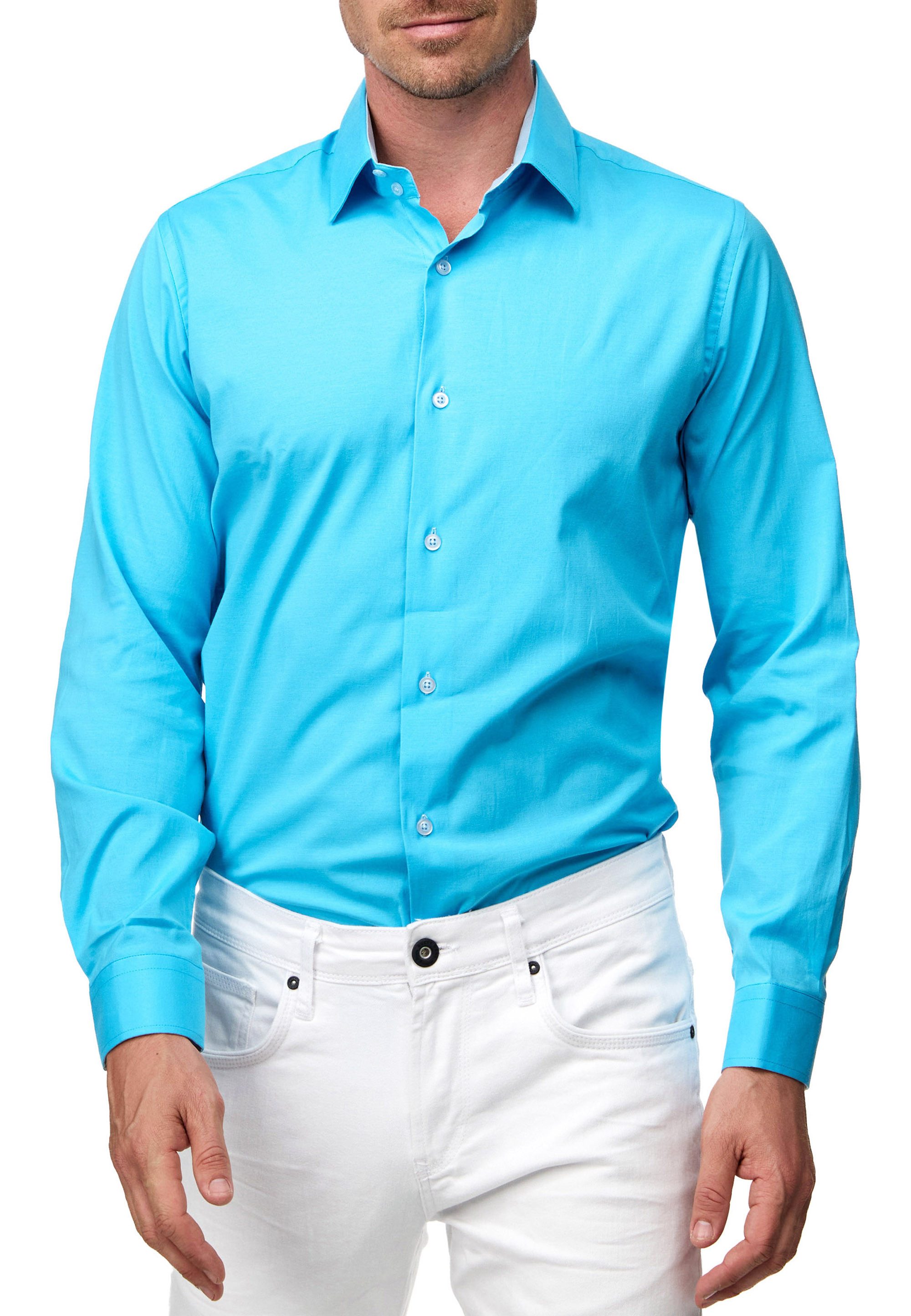 R-NEAL Businesshemd Pastellhemd Herren Slim Fit Hemd Langarm Kontrasthemd Cotton Strech