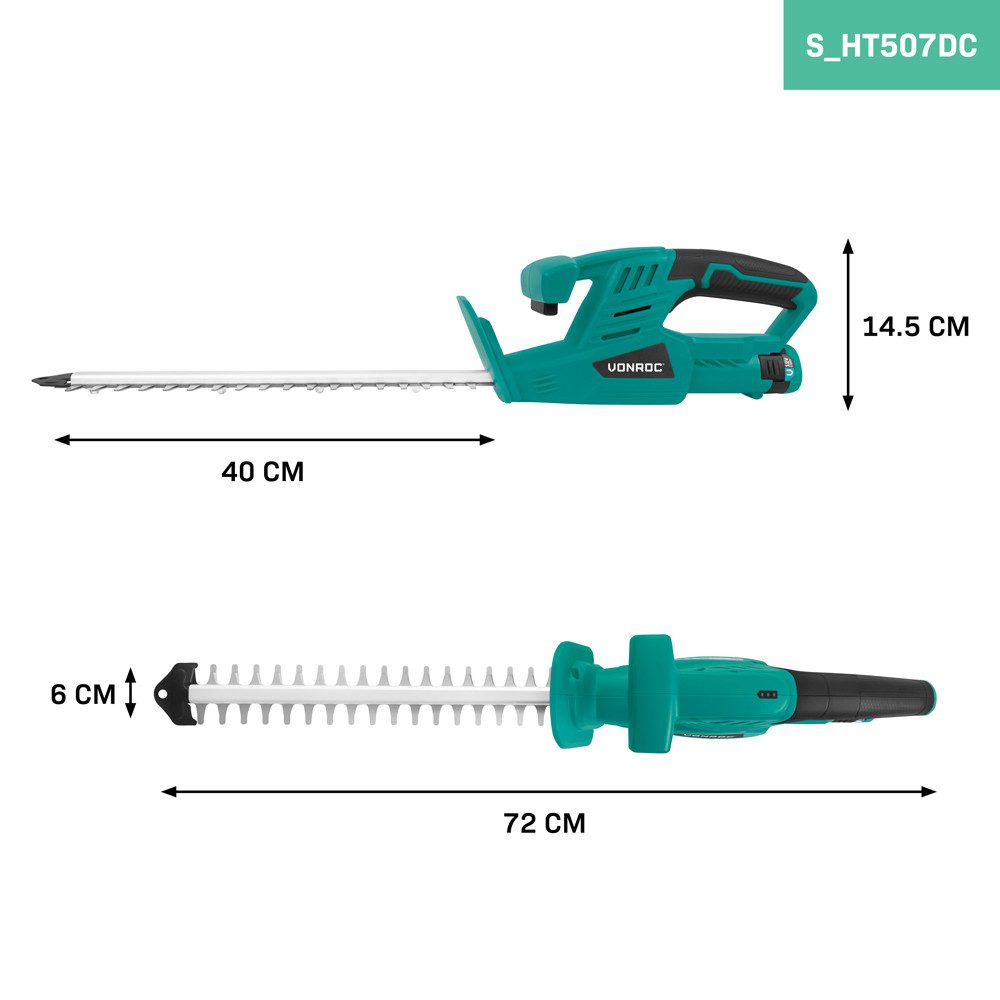 VONROC Akku-Heckenschere 12V – Schnittlänge 350 mm – Schnittbreite 12 mm, inkl. Akku und USB-C-Kabel