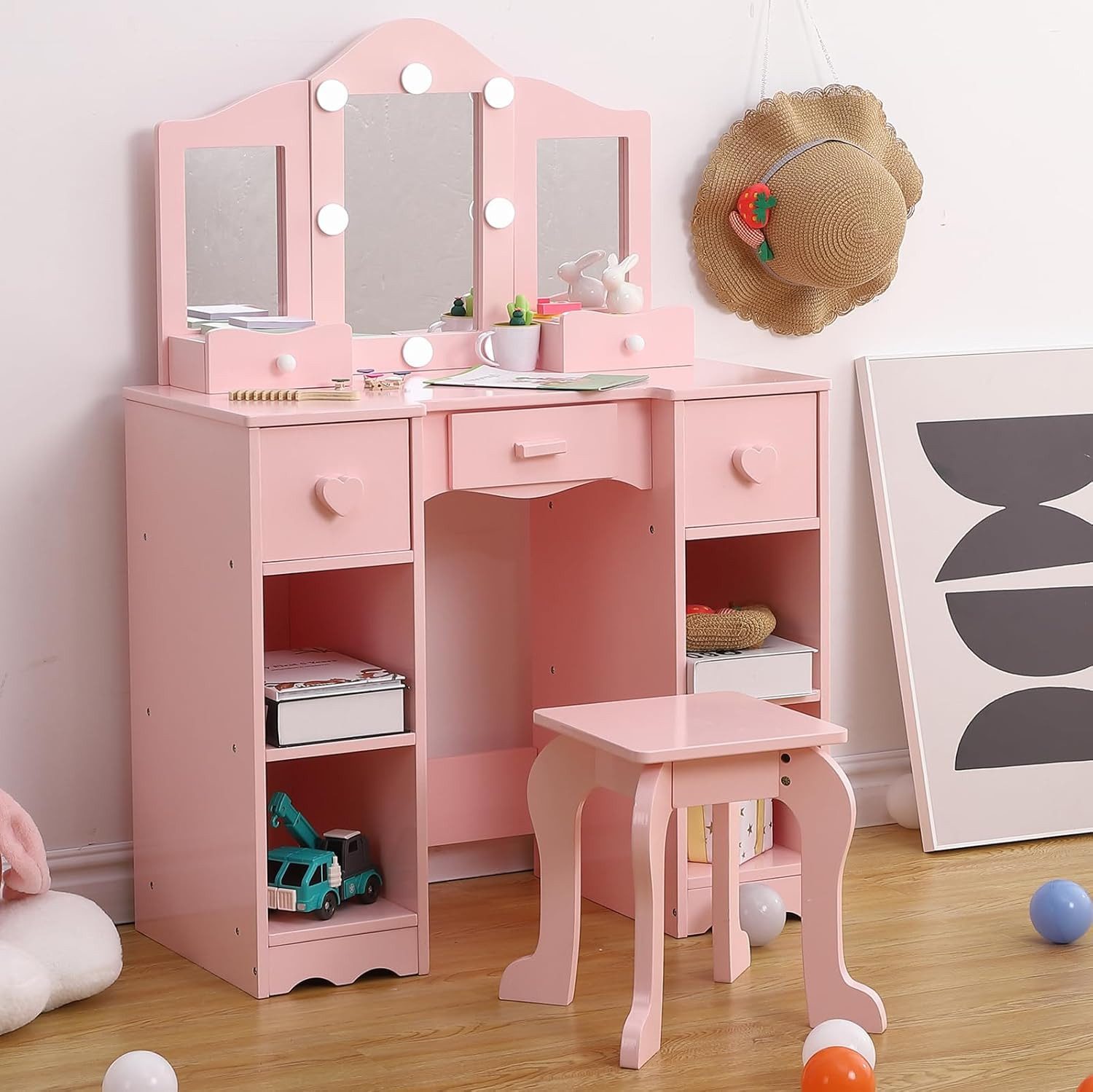 GarveeMore Schminktisch aus Holz,Kinder Frisiertisch inklusive Hocker für Mädchen 3-6 Jahre, 3 LED-Spiegeln, 5 Schubladen, 4 Ablagen, 3 Boxen & Anti-Kipp-Design