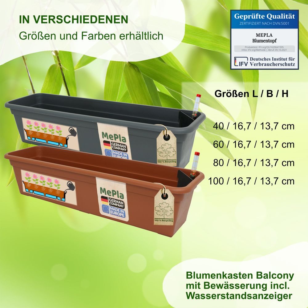 Heimwerkercenter Balkonkasten MePla Blumenkasten Balcony + Bewässerung 60x16,7cm Anthrazit, Kunstoff
