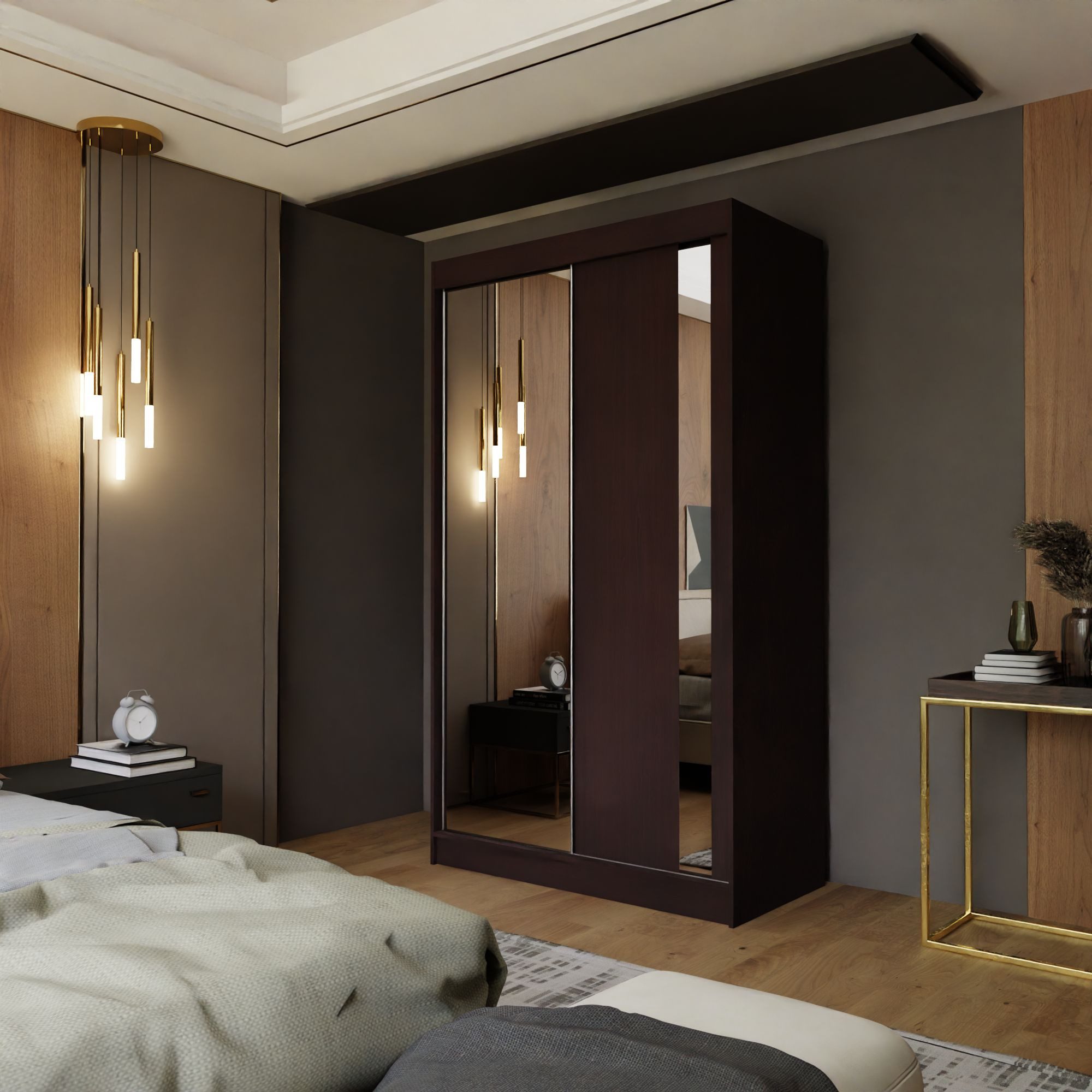 Masseno Schwebetürenschrank GRAZIA 120 cm Kleiderschrank mit Spiegel 2 Türen Wenge