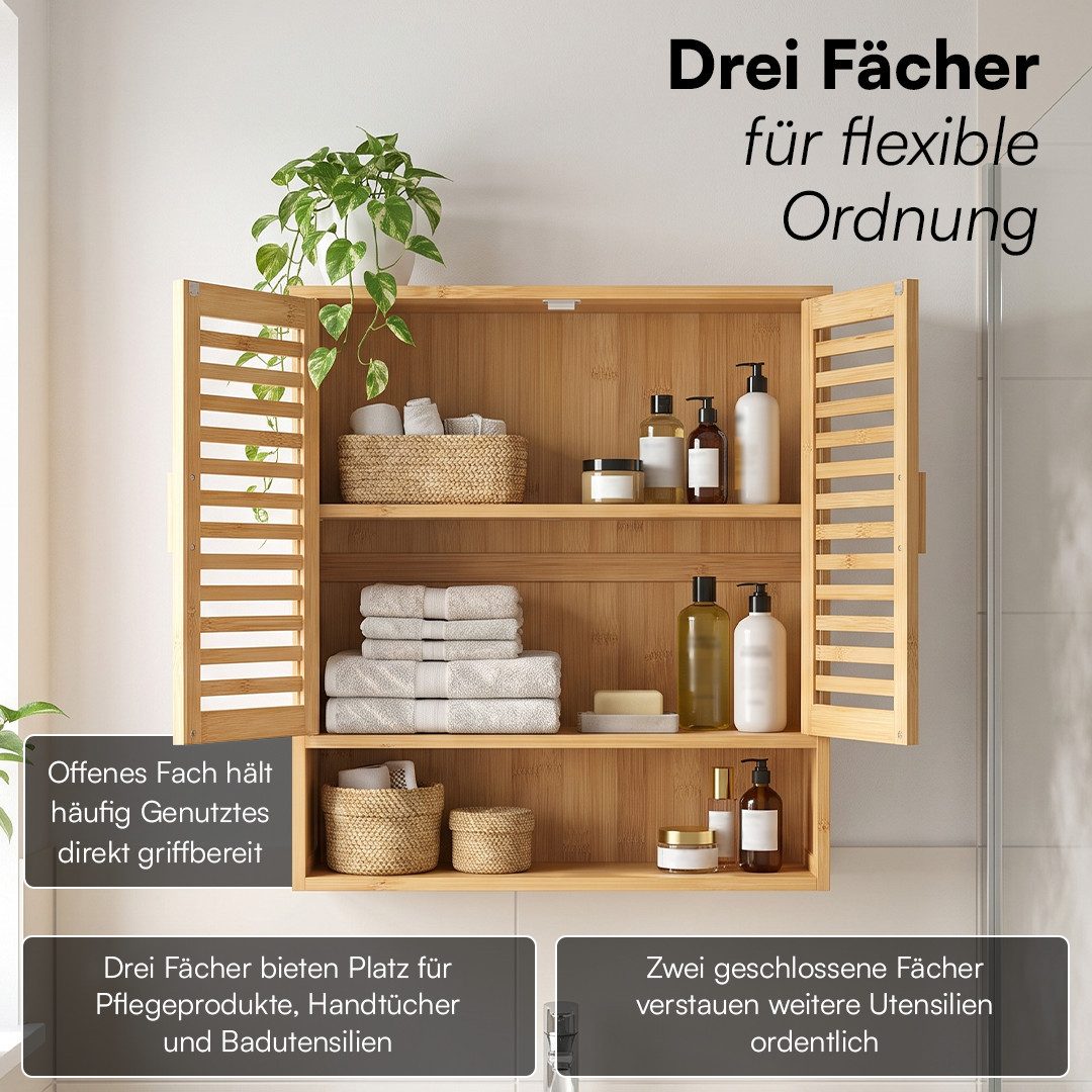 Bellamio Hochschrank Newa aus Bambus, Badezimmerschrank mit Ablage, lackiert (3 Fächer, Wandmontage) Hängeschrank 66,5×21×59 cm, verfügbar in verschiedenen Ausf – Bild 3 von 5