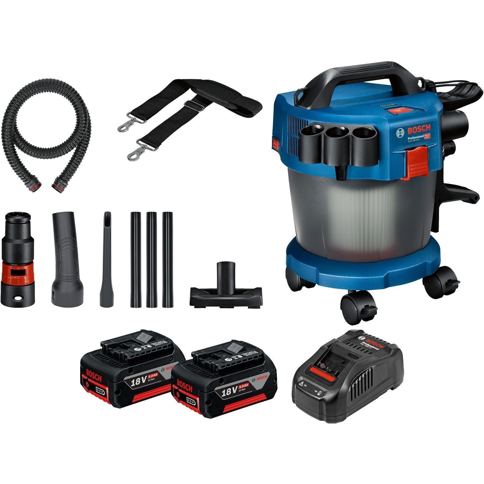 BOSCH Akku-Hand-und Stielstaubsauger Bosch Akku-Staubsauger GAS 18V-10 L / 2x 5,0 Ah Akku + Ladegerät inkl.