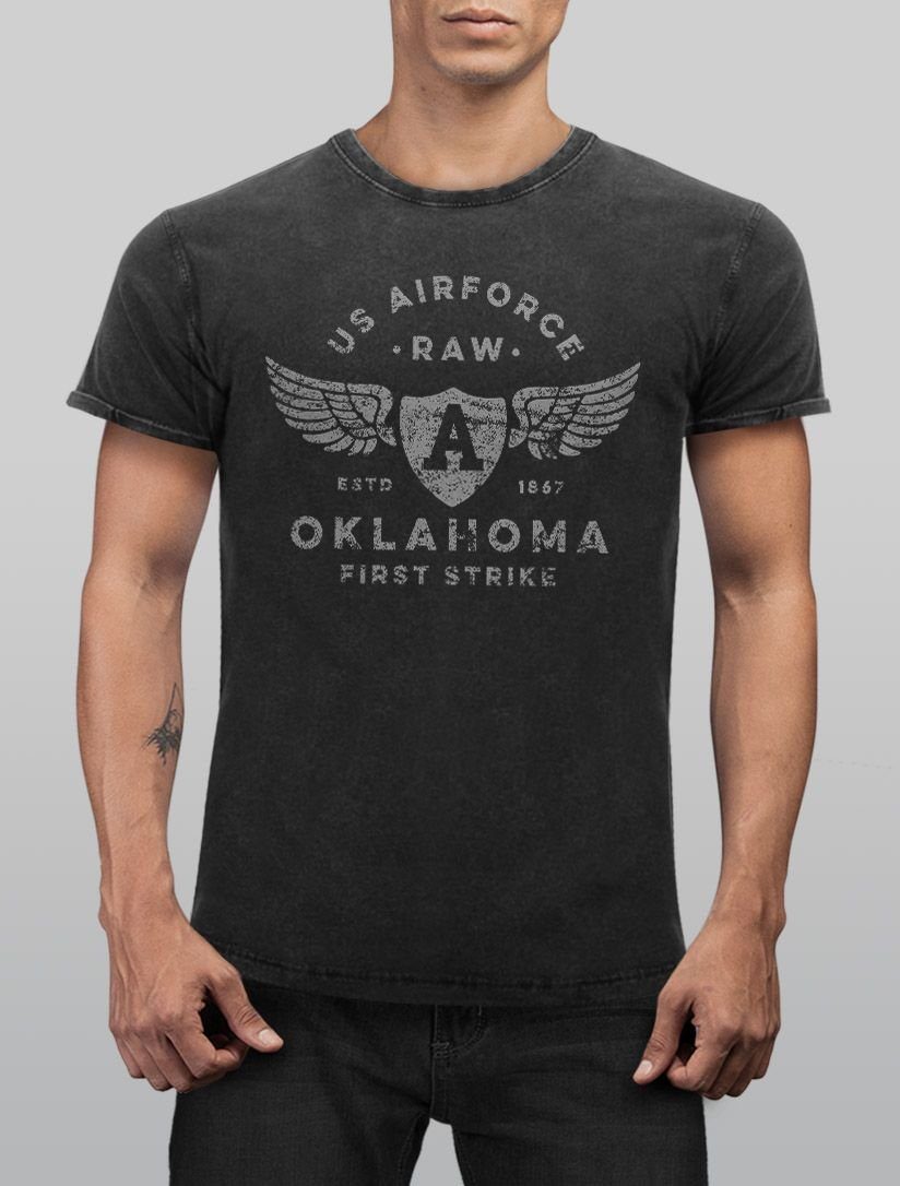Neverless Print-Shirt Vintage Aviator schwarz US Slim Airforce Look Herren Neverless® Fit Print Print mit Shirt Oklahoma Used
