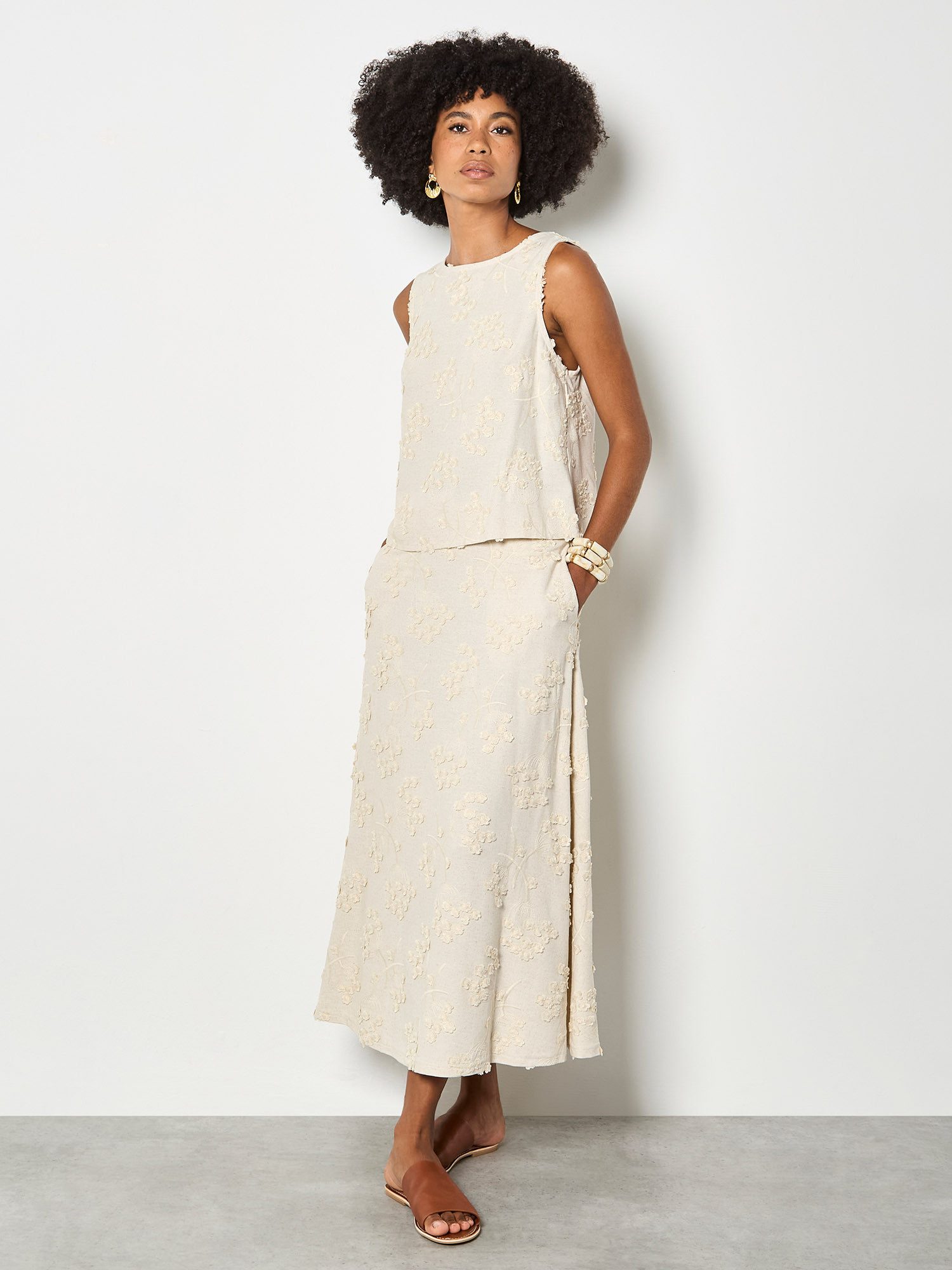 Apricot A-Linien-Rock Bestickter Midirock aus Leinenmischung mit Blumenmuster