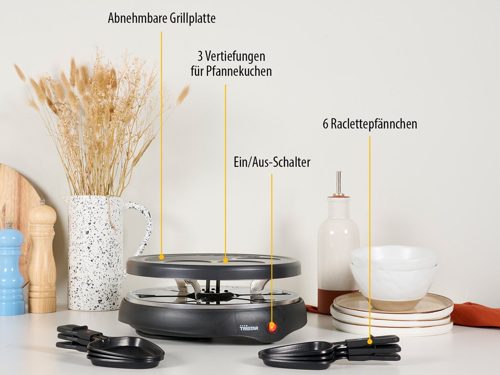 Tristar Raclette, 6 Raclettepfännchen, Tischgrill für 2-6 Personen Crepesmaker, Raclet Gerät Camping geeignet