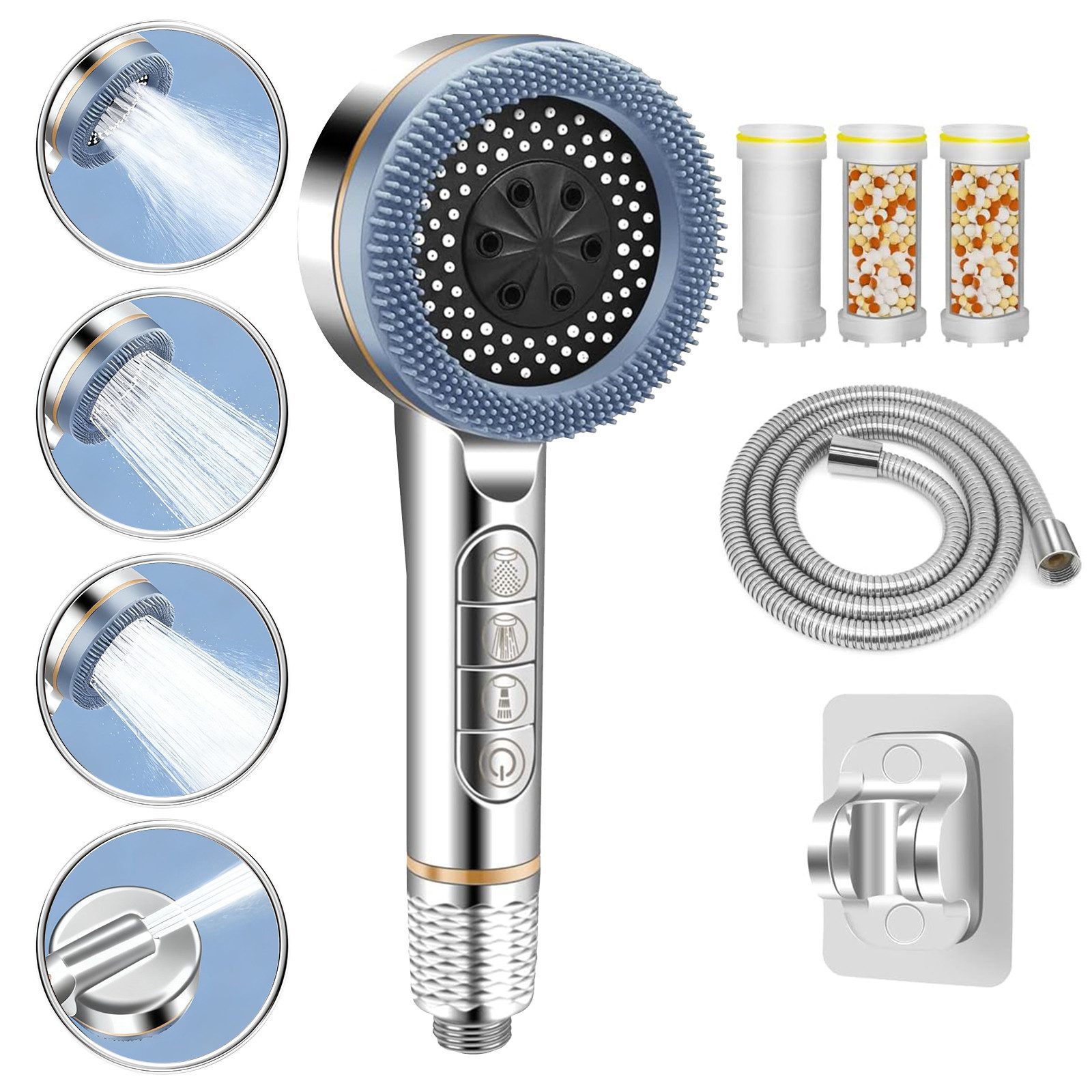 ANYSUN Handbrause Duschkopf mit Schlauch, Filter und Halterung ohne bohren, Wassersparender Handbrause Hochdruck, Duschkopf mit 4 Strahlarten