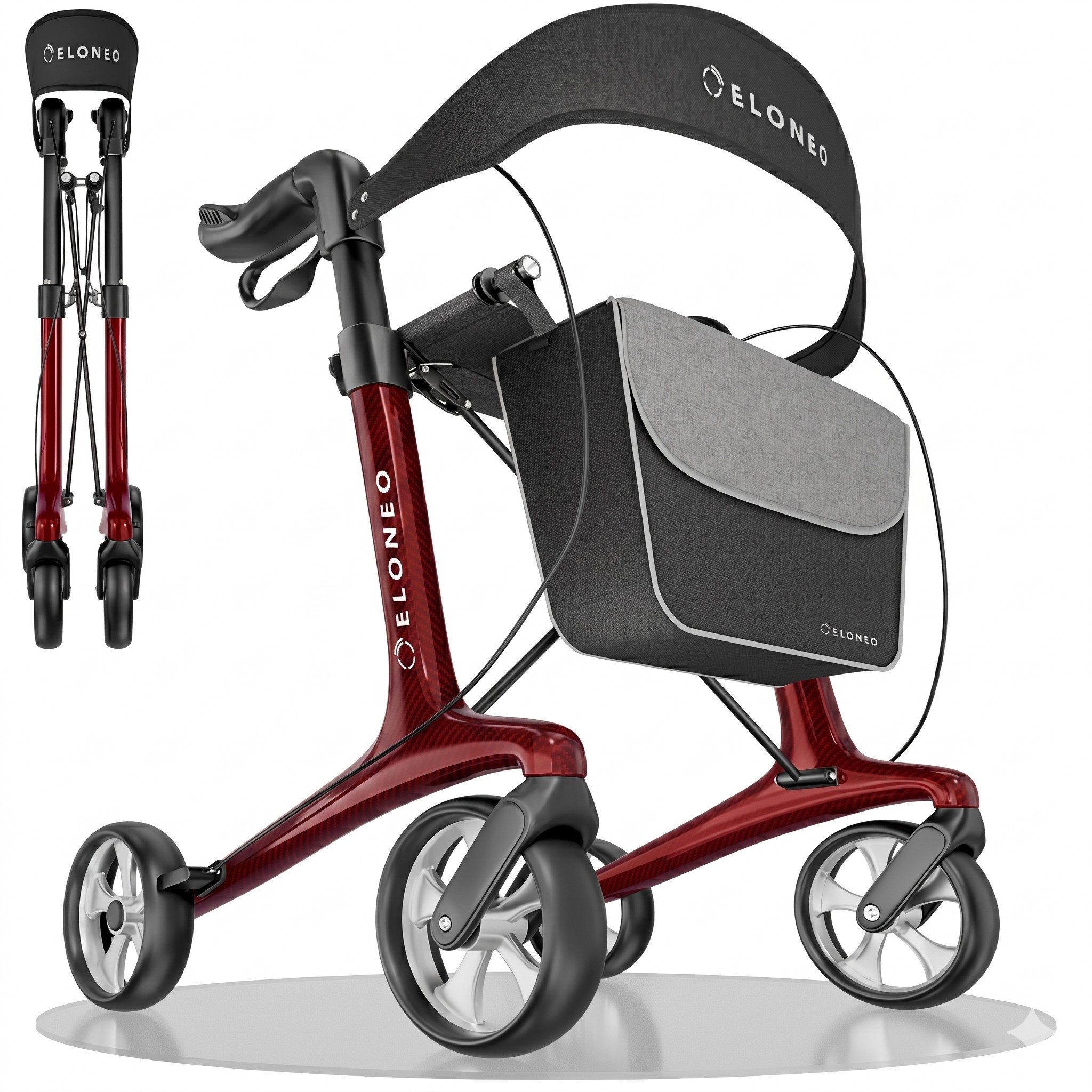 ELONEO Rollator aus Carbon, ultraleicht, faltbar, mit Sitz, Faltbarer Rollator mit Sitz, Rückenlehne, Einkaufstasche