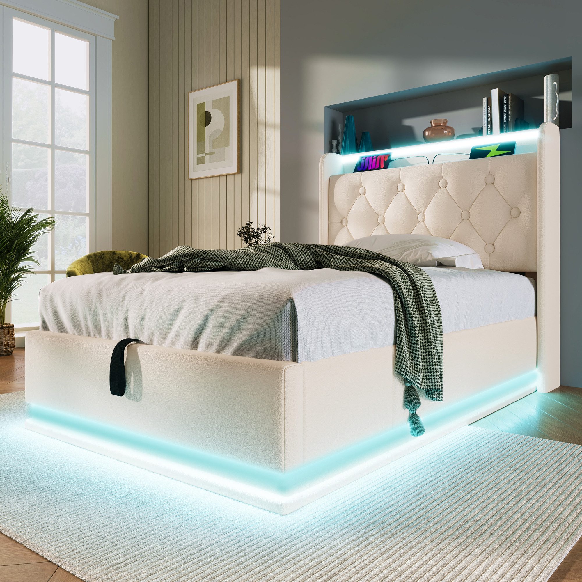 MODFU Polsterbett LED Schlafzimmerbett mit Stauraum günstig online kaufen