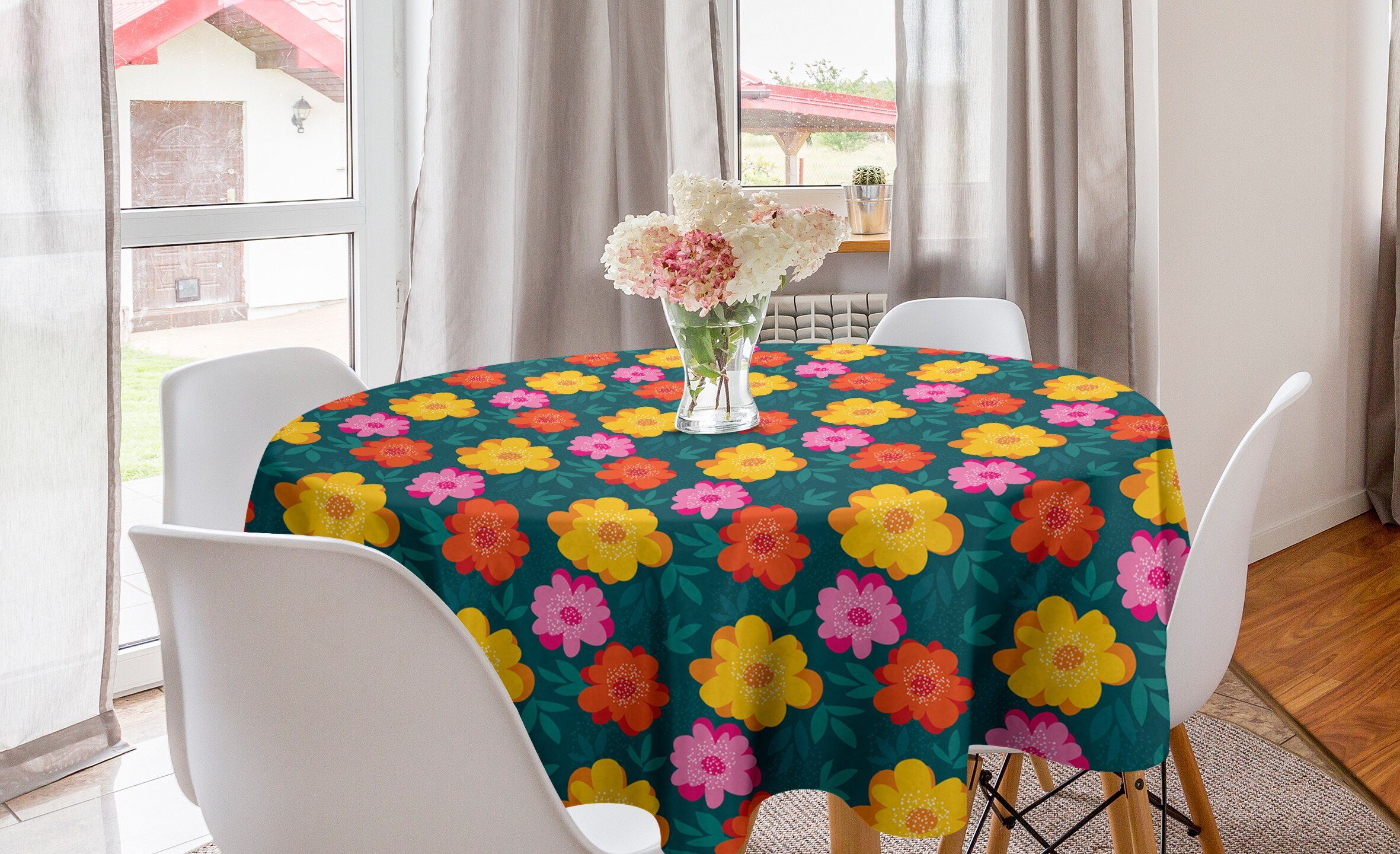 Abakuhaus Tischdecke Kreis Tischdecke Abdeckung für Esszimmer Küche Dekoration, Bunt Hand gezeichnete Blumen Blütenblätter