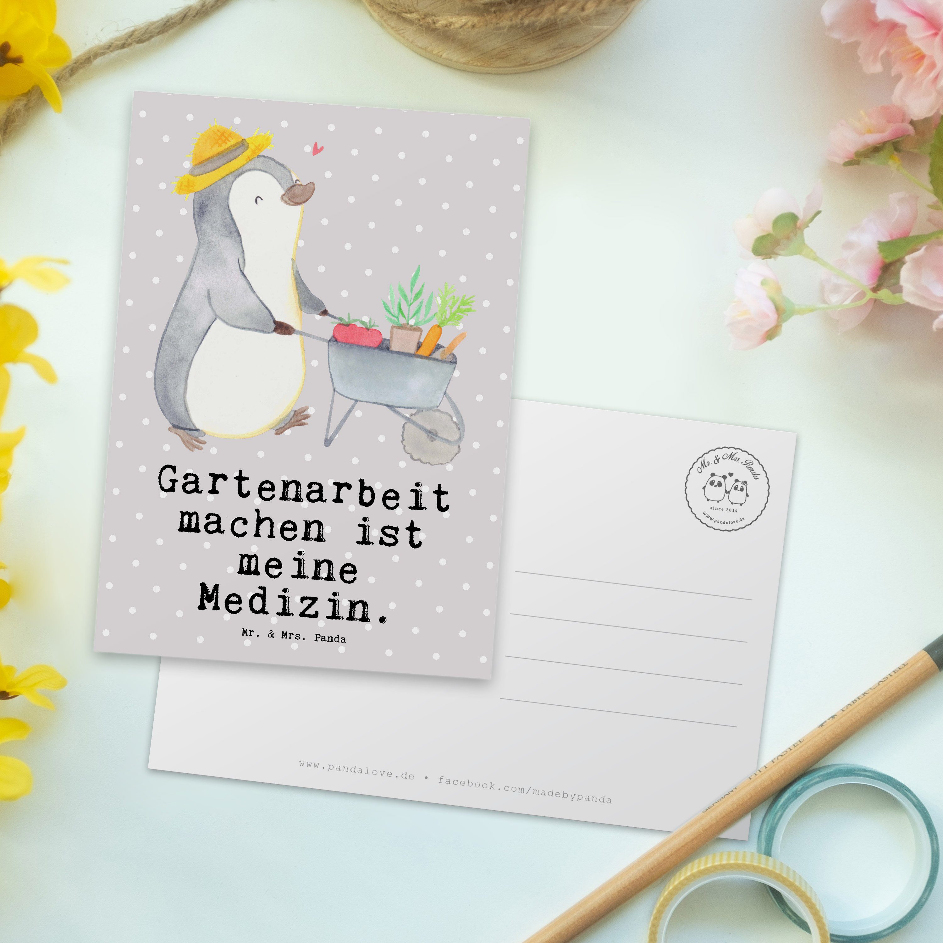 Mr. & Mrs. Panda Postkarte Pastell Gärtnern, Grau Hob - Pinguin Gartenarbeit Geschenk, - Medizin