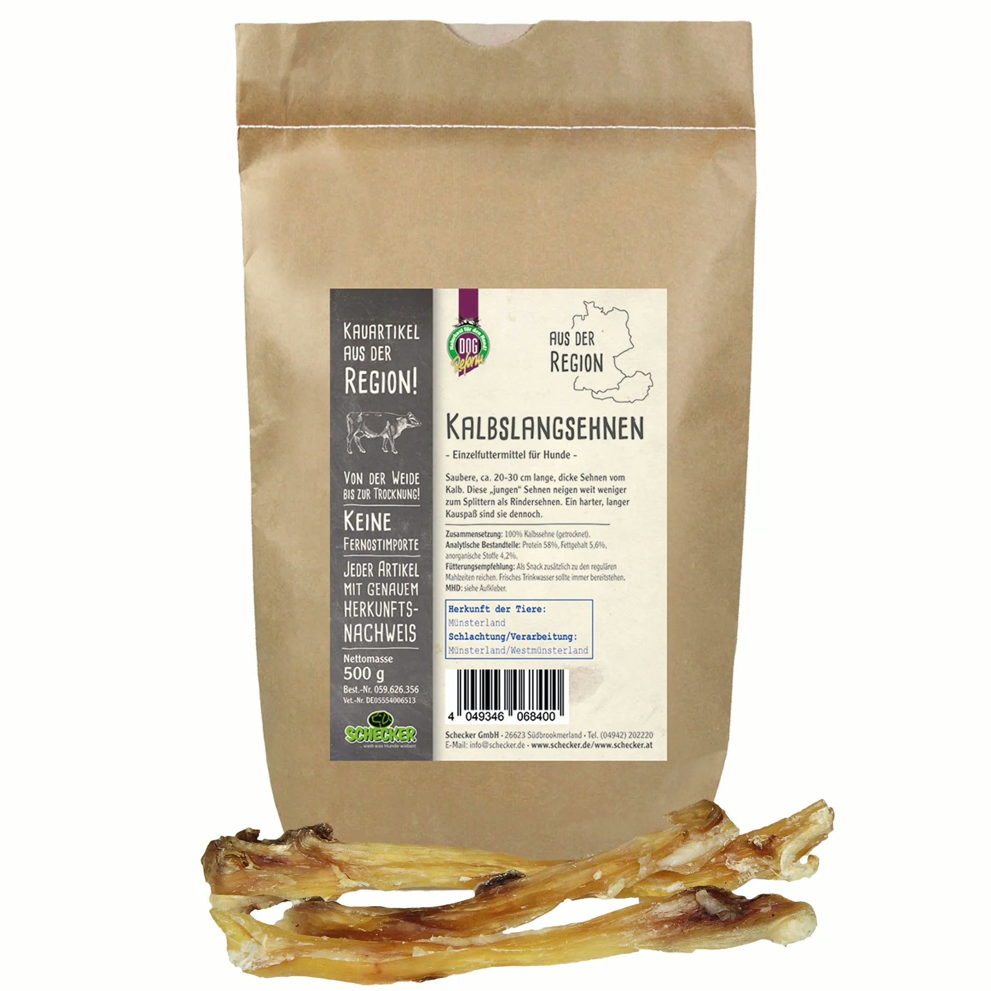 Schecker Kalbs-Langsehnen - Kausnack für Hunde aus der Region - 500g, Snack für: Hunde, ohne Zusatzstoffe