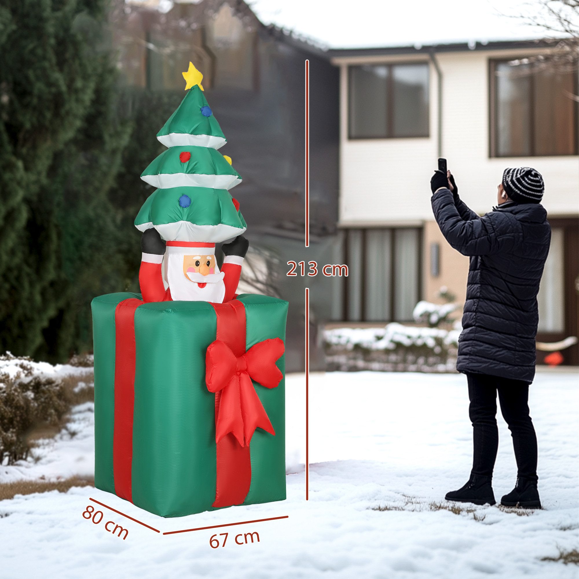 Outsunny Weihnachtsfigur Aufblasbarer Weihnachtsmann 160-213 cm aus Geschenkbox für Garten (Weihnachtsdekoration, 1 St., Aufblasbare Weihnachtsdekoration mit Zubehör), mit LED-Lichtern, Rot+Grün