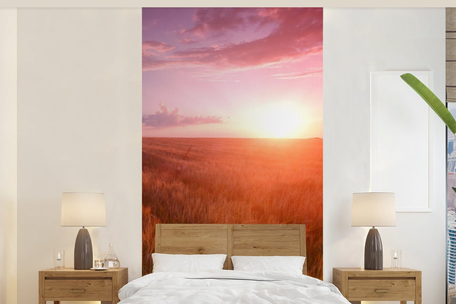 MuchoWow Fototapete Wiese - Sonne - Abend - Landschaft, Matt, bedruckt, (2 St), Vliestapete für Wohnzimmer Schlafzimmer Küche, Fototapete