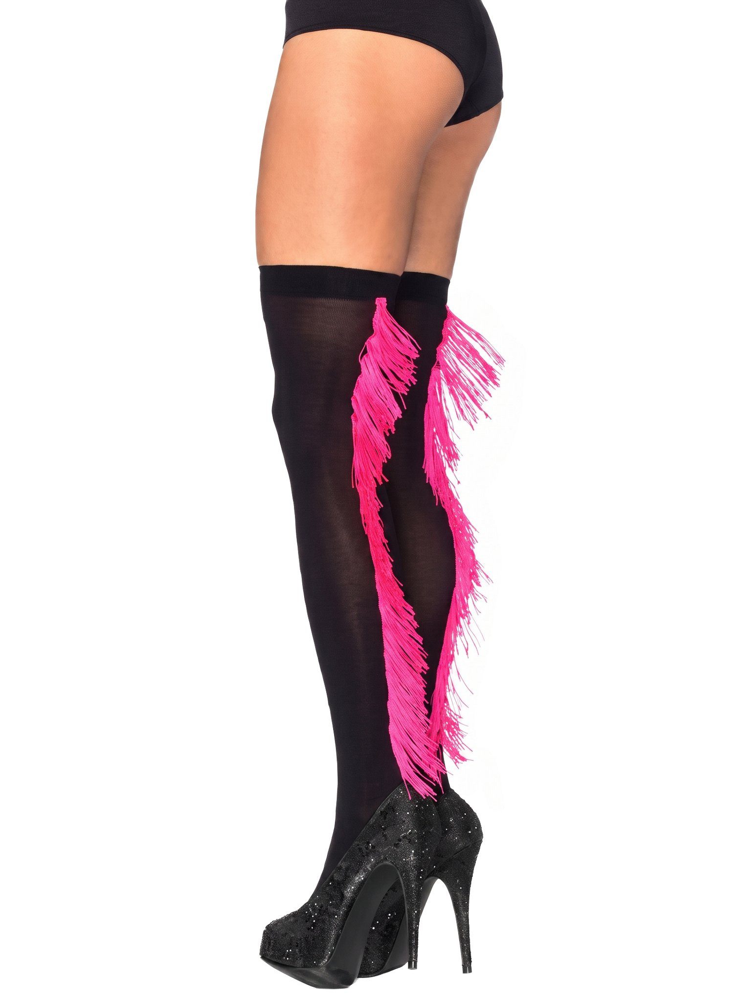 Leg Avenue Overknees Schwarze Strümpfe mit pinkfarbenen Fransen Sexy Overknees mit extravagantem Besatz