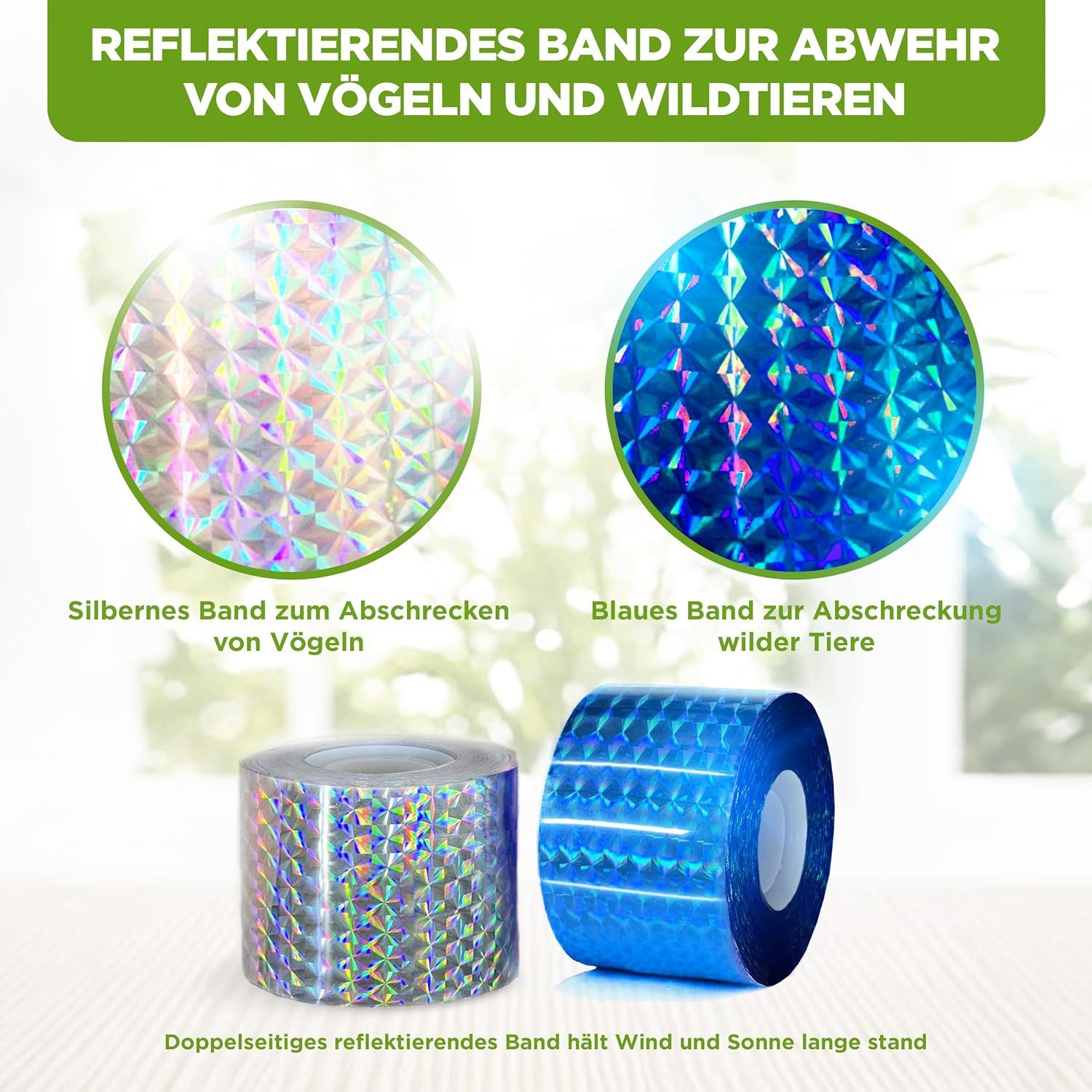 ISOTRONIC Vogelabwehr-Windspiel Reflektorband Set zur Vogel- & Wildabwehr, 2x 38m, silber & blau, (2-St., 2 tlg.-Set), 2er-Set Abwehrband je 38m gegen Vögel & Wildtiere