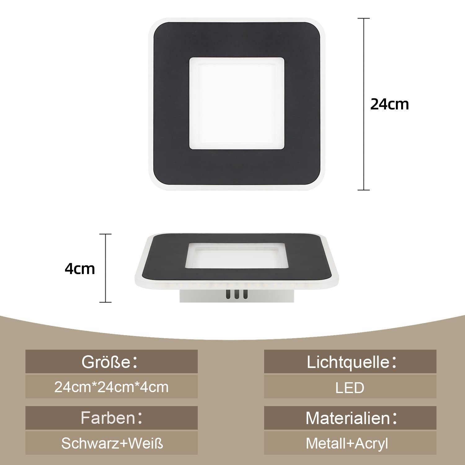 fest Deckenleuchte nicht ZMH Weiß 23W, Quadratisch Schwarz LED dimmbar, und Warmweiß, Flurlampe LED 24cm A-A Deckenlampe integriert, Wohnzirmmer,