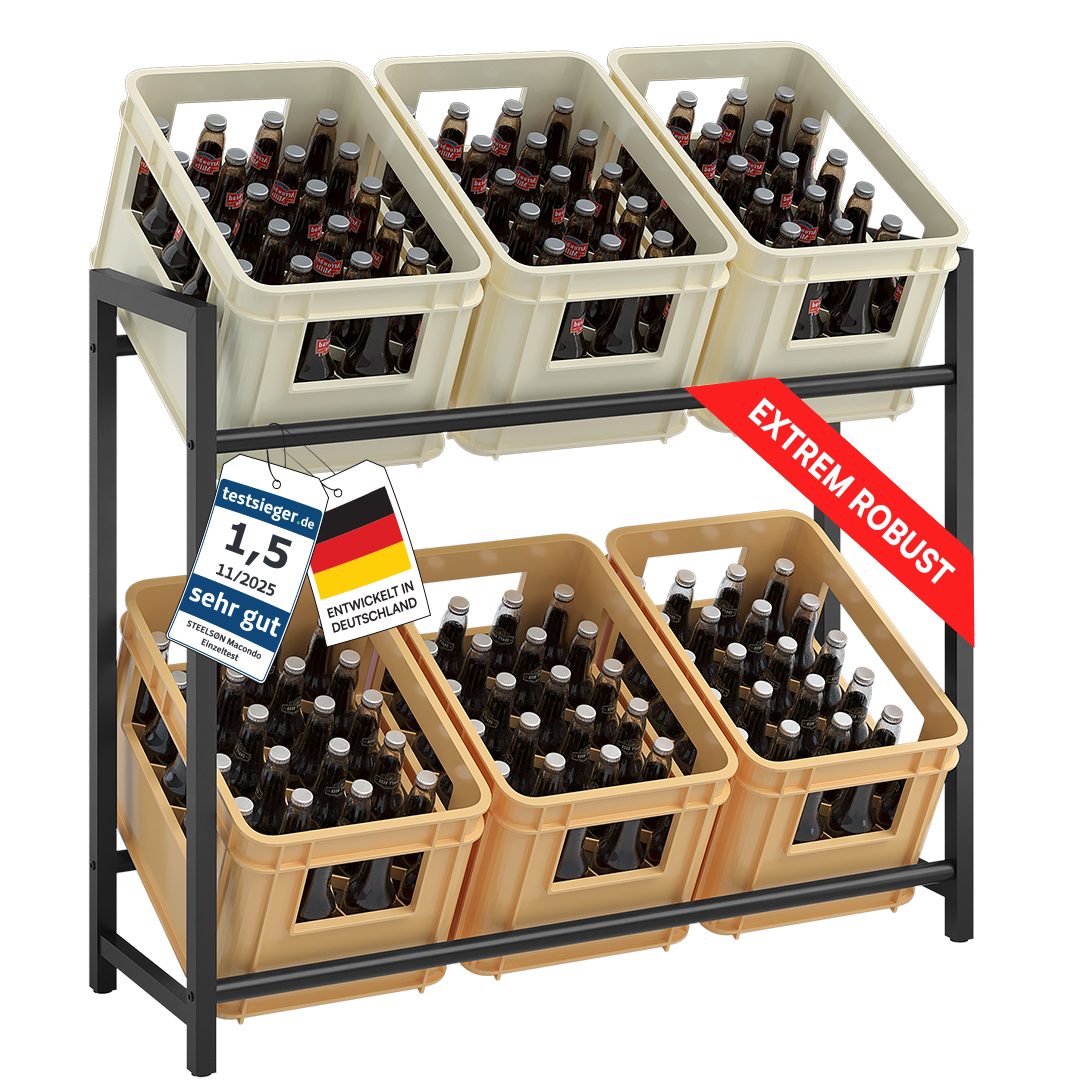 STEELSØN Flaschenregal Macondo aus Metall, Getränkekistenregal schwarz, für 6 Kisten, auch verfügbar für 4 Kisten & mit Ablage
