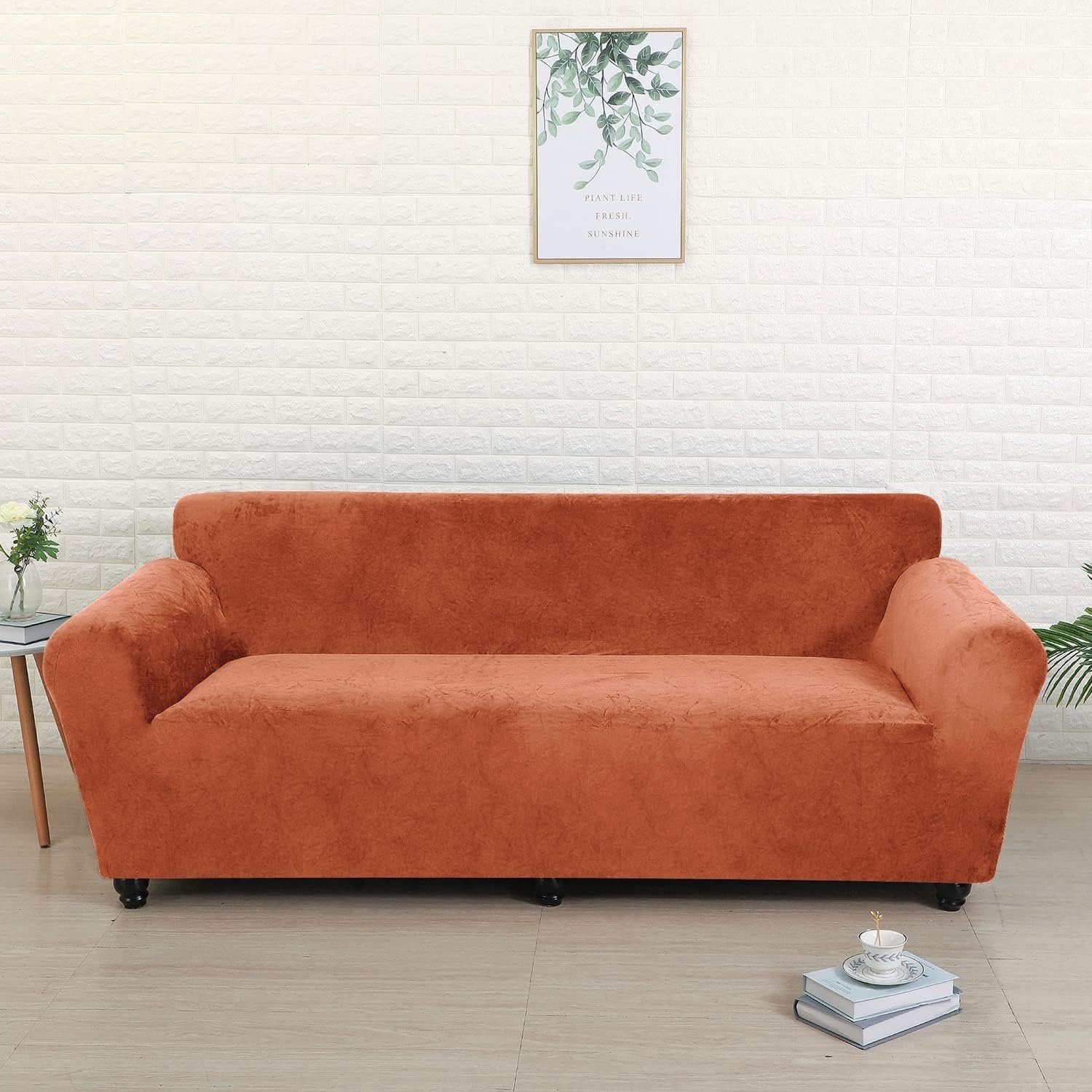 Sofabezug 3 Sitzer Samt Stretch Sofabezug Antirutsch, UE Stock, Couchbezug Sofahusse 185-230cm Orange