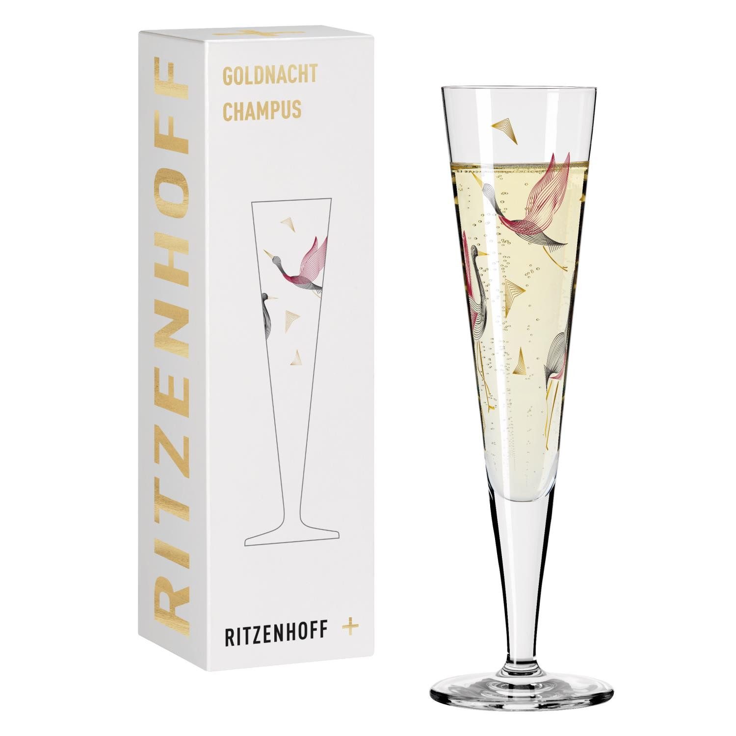Ritzenhoff Sektglas Goldnacht, Glas, Höhe: 24cm, Farbe: Mehrfarbig, Motiv: Kraniche