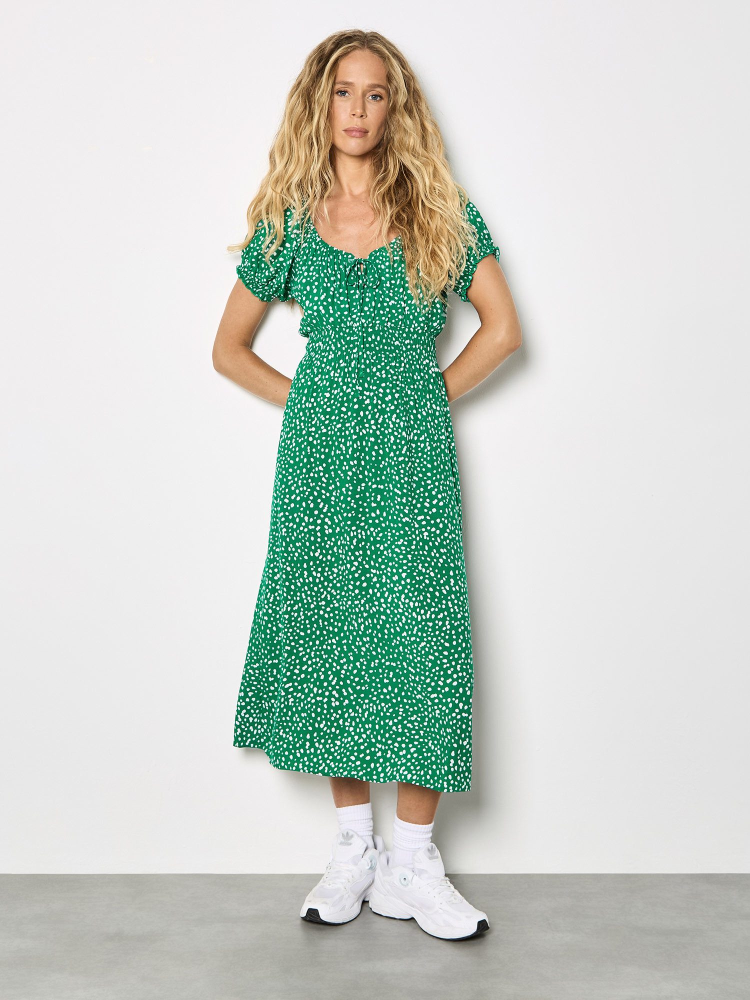 Apricot Druckkleid Midi-Kleid im Milchmädchen-Stil mit Muster