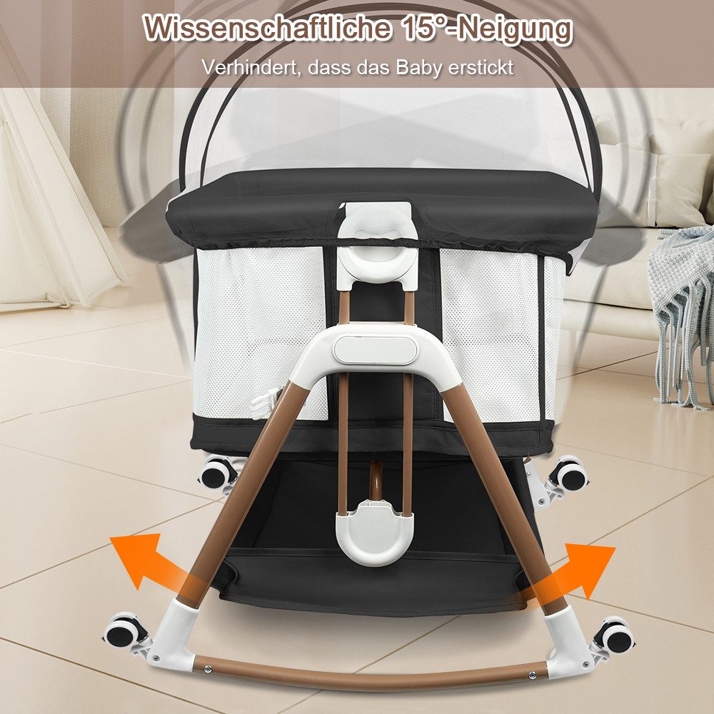 JEOBEST Beistellbett 3 in 1 Beistellbett Stubenwagen Babybett Baby-Reisebett, 6-stufige Höhenverstellung, mit Rollen, Matratze und Moskitonetz