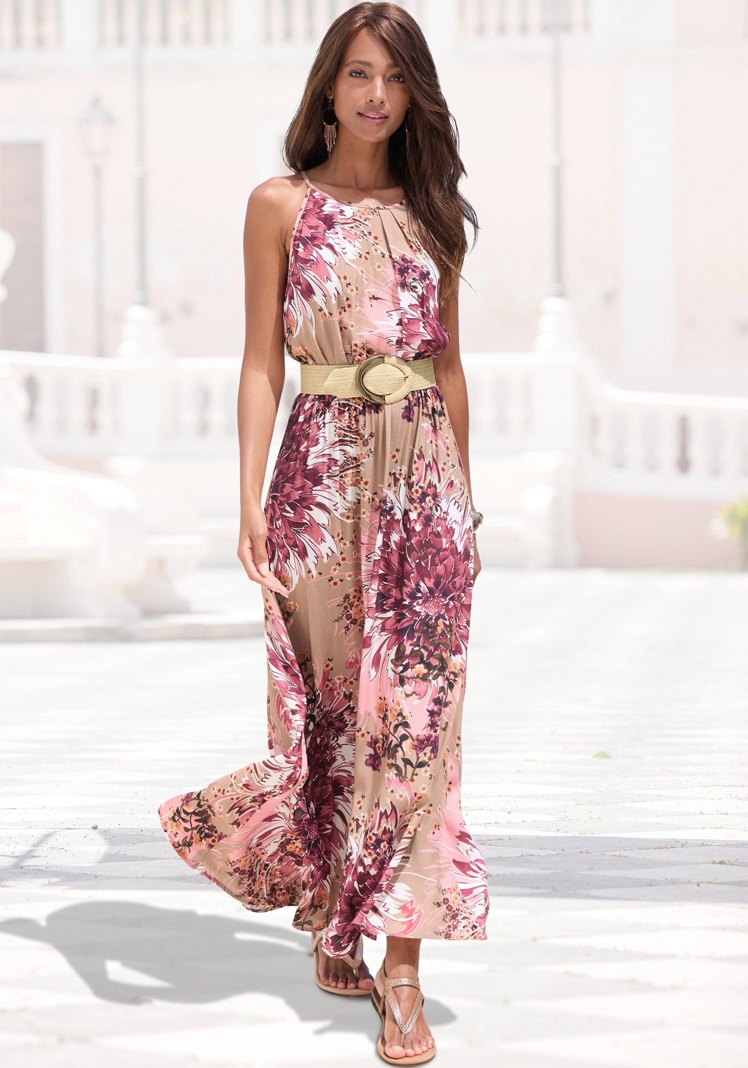 LASCANA Maxikleid mit Alloverprint und Knopfleiste hinten, aus gewebter Viskose luftiges Sommerkleid, elegantes Webkleid, Strandkleid, casual