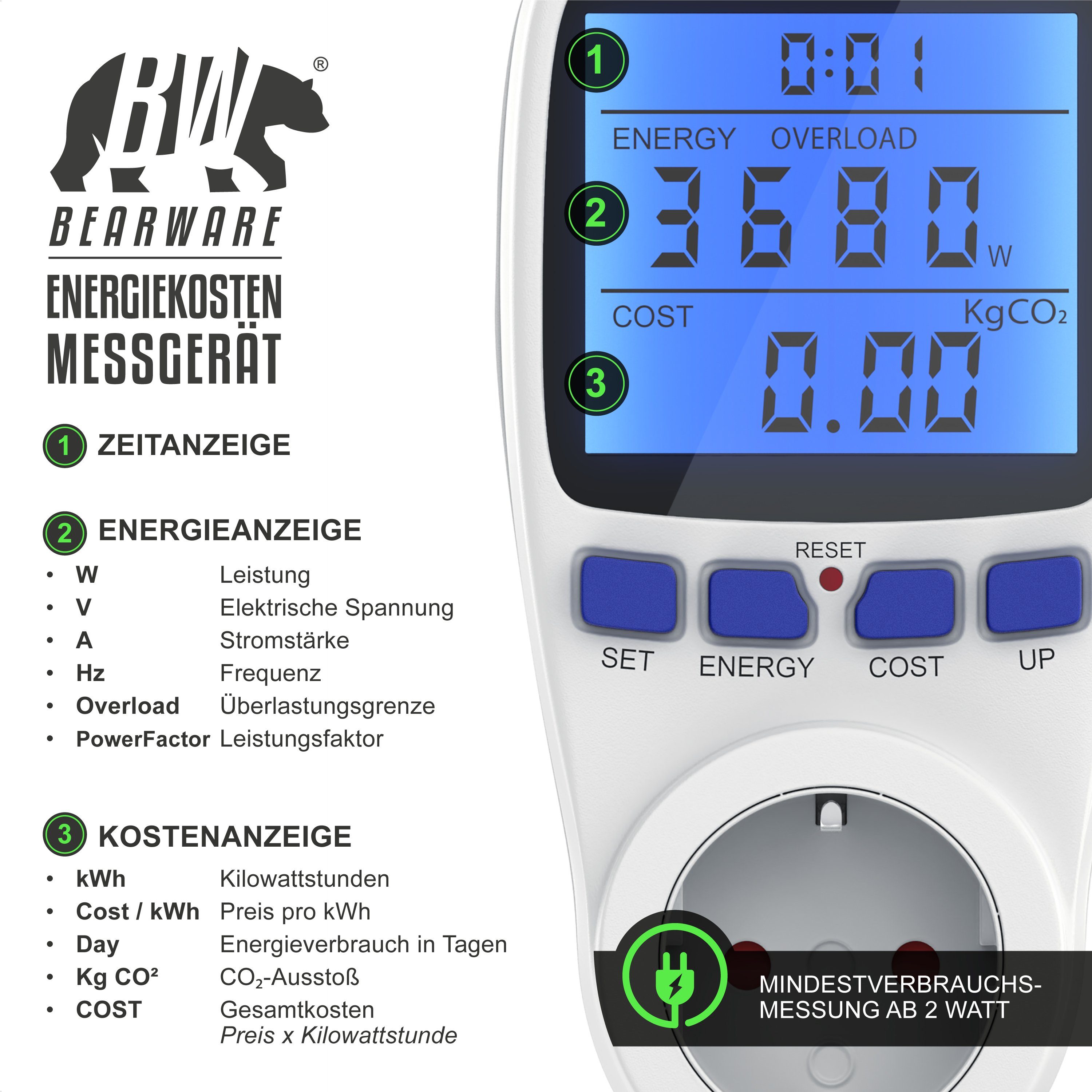 mit Energiemessgerät Berührungsschutz, Energiekostenmessgerät, bis BEARWARE Stromverbrauchszähler 3680W