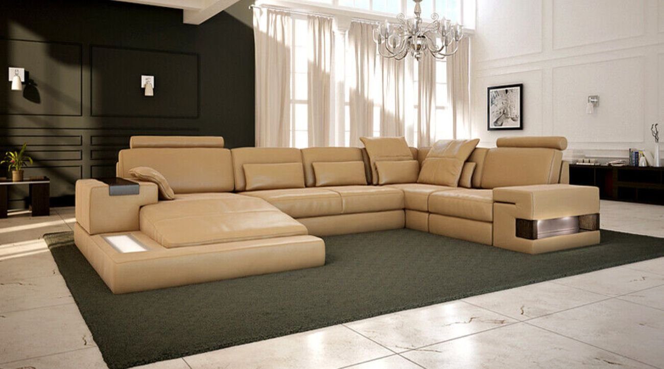 JVmoebel Ecksofa Ledersofa Sofa Couch Polster Wohnlandschaft Big Ecksofa Ecke mit USB Gold