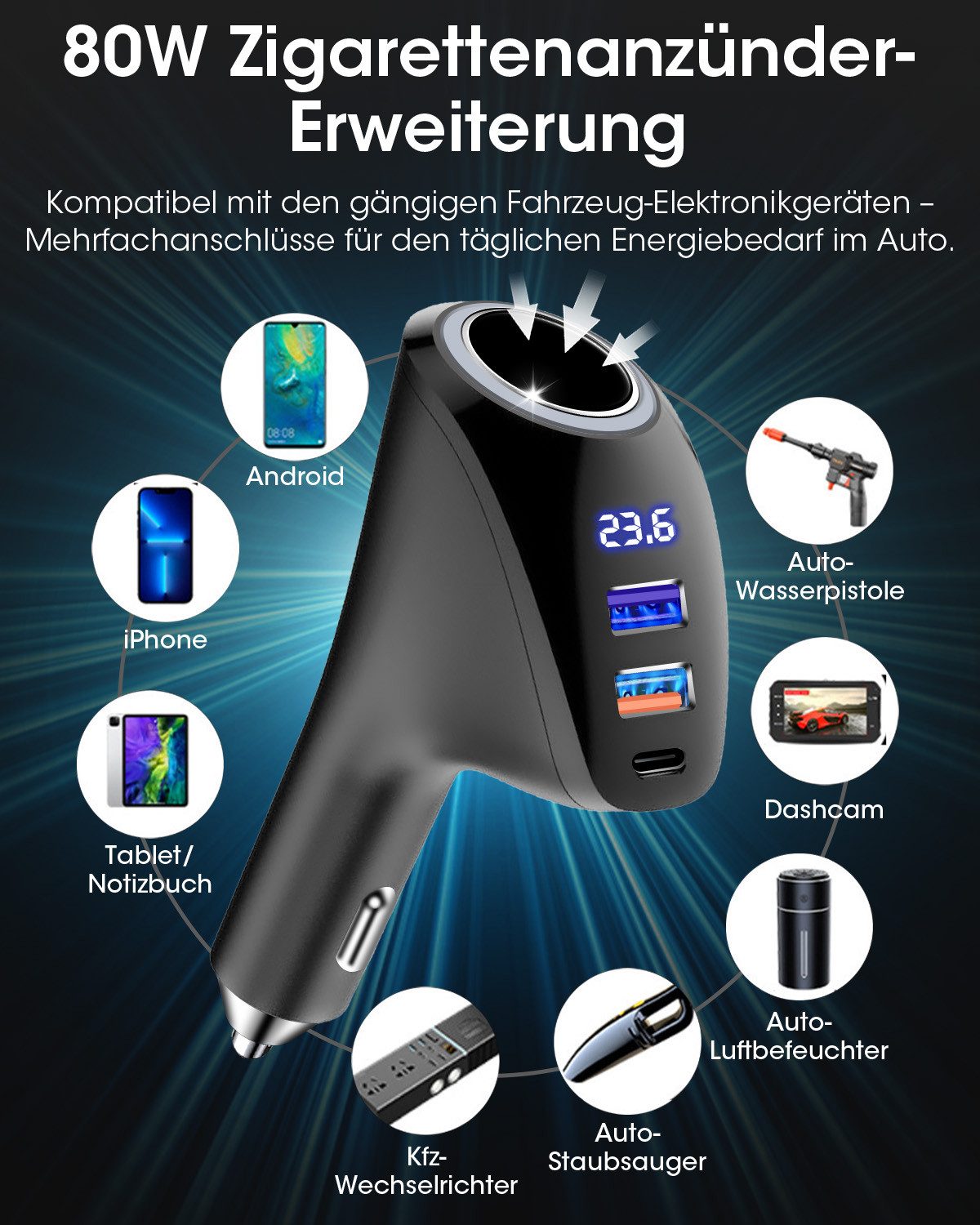FOSMET Zigarettenanzünder-Verteiler 70W Zigarettenanzünder,4 in1 Einziehbares Auto USB C Ladegerät Adapter (USB C Schnellladegerät,Spannungsanzeige,Auto Feuerze – Bild 5 von 5