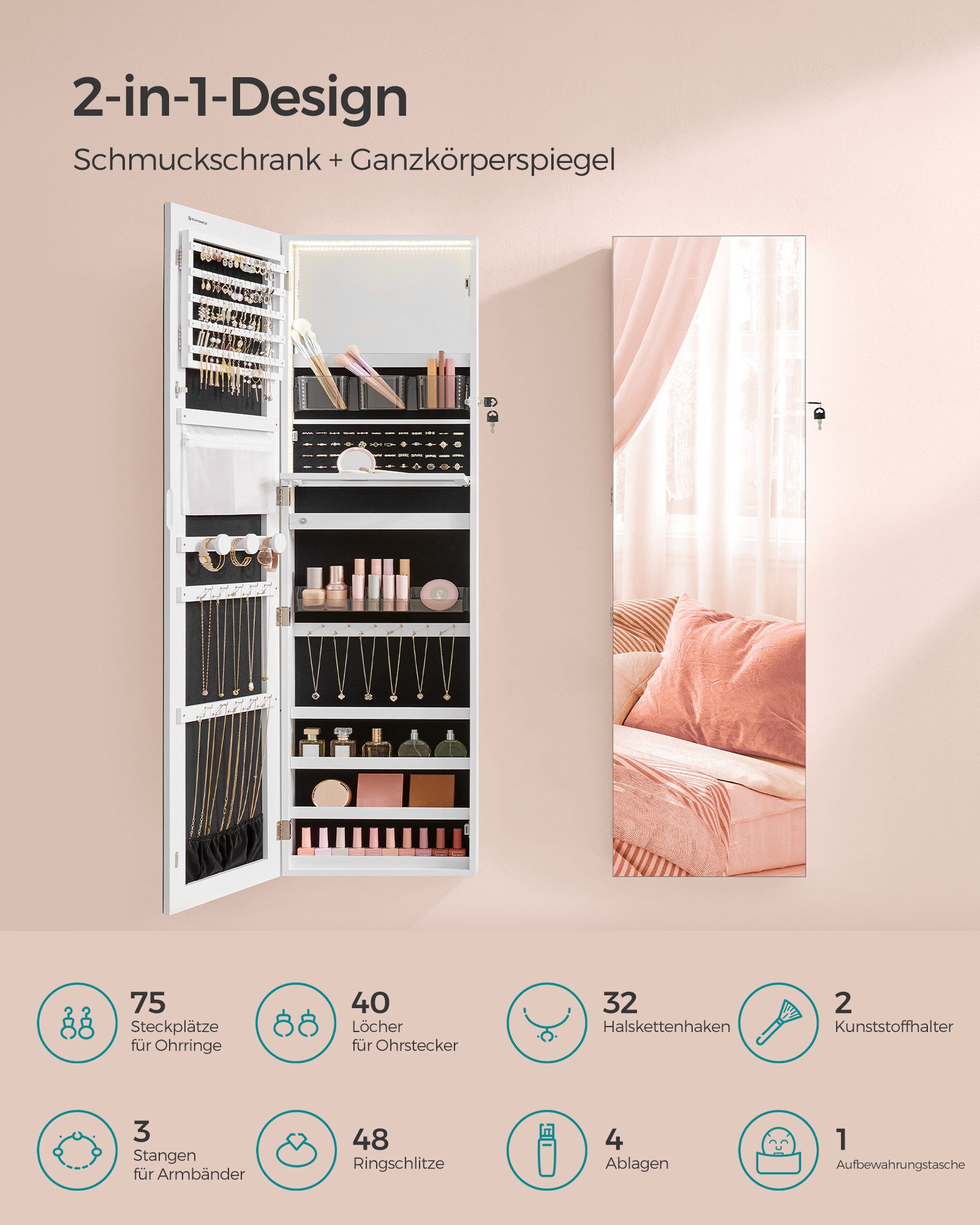 SONGMICS Schmuckschrank Schmuckorganizer Spiegelschrank wand- oder türmontiert mit beleuchtetem Innenspiegel – Bild 4 von 5