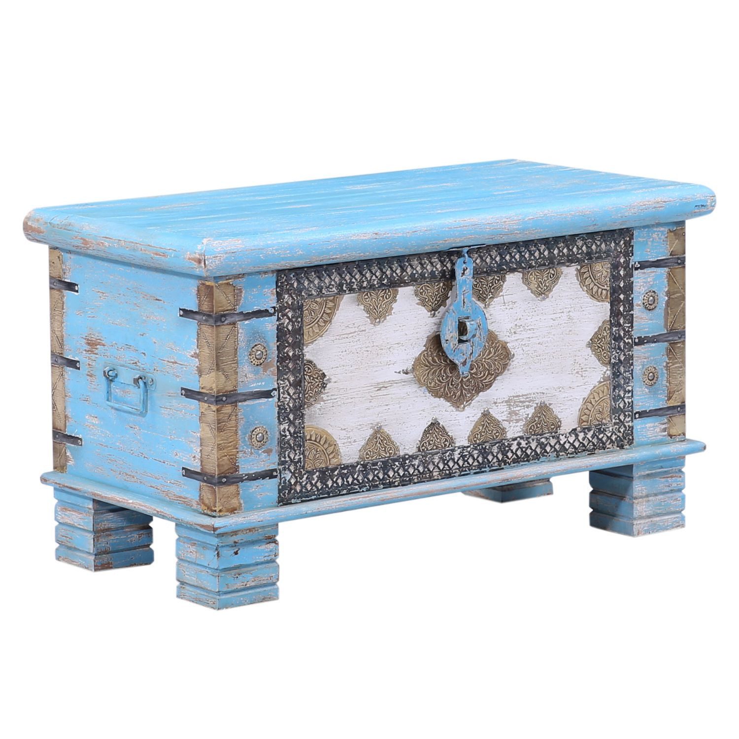 Marrakesch Orient & Mediterran Interior Truhenbank Truhe Ezgi Holz Blau 80cm, Boho Vintage Orient Aufbewahrung (1-St), mit Stauraum