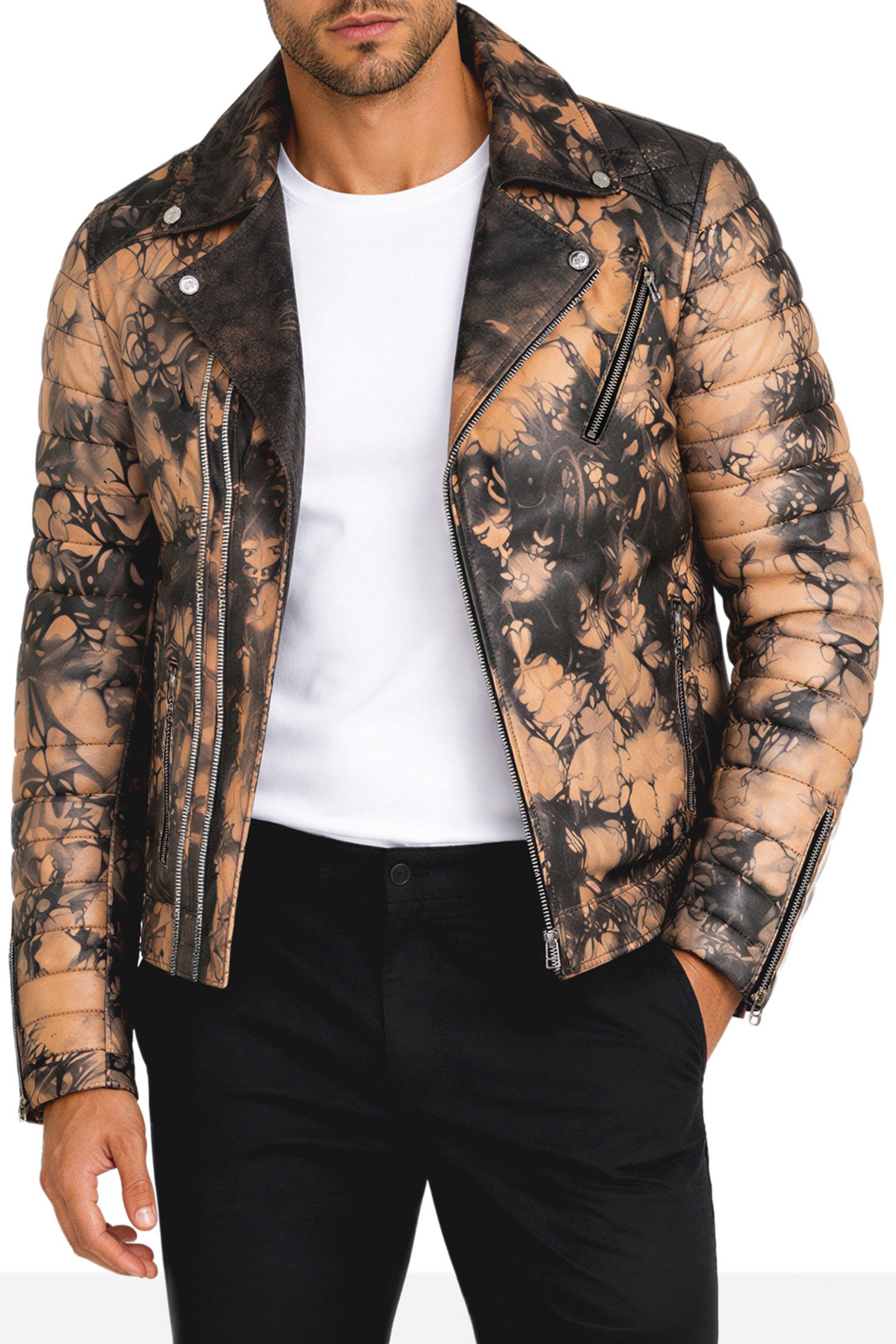 Lederjacke Herren Slim Fit Bikerjacke Silver Zipper RSE001