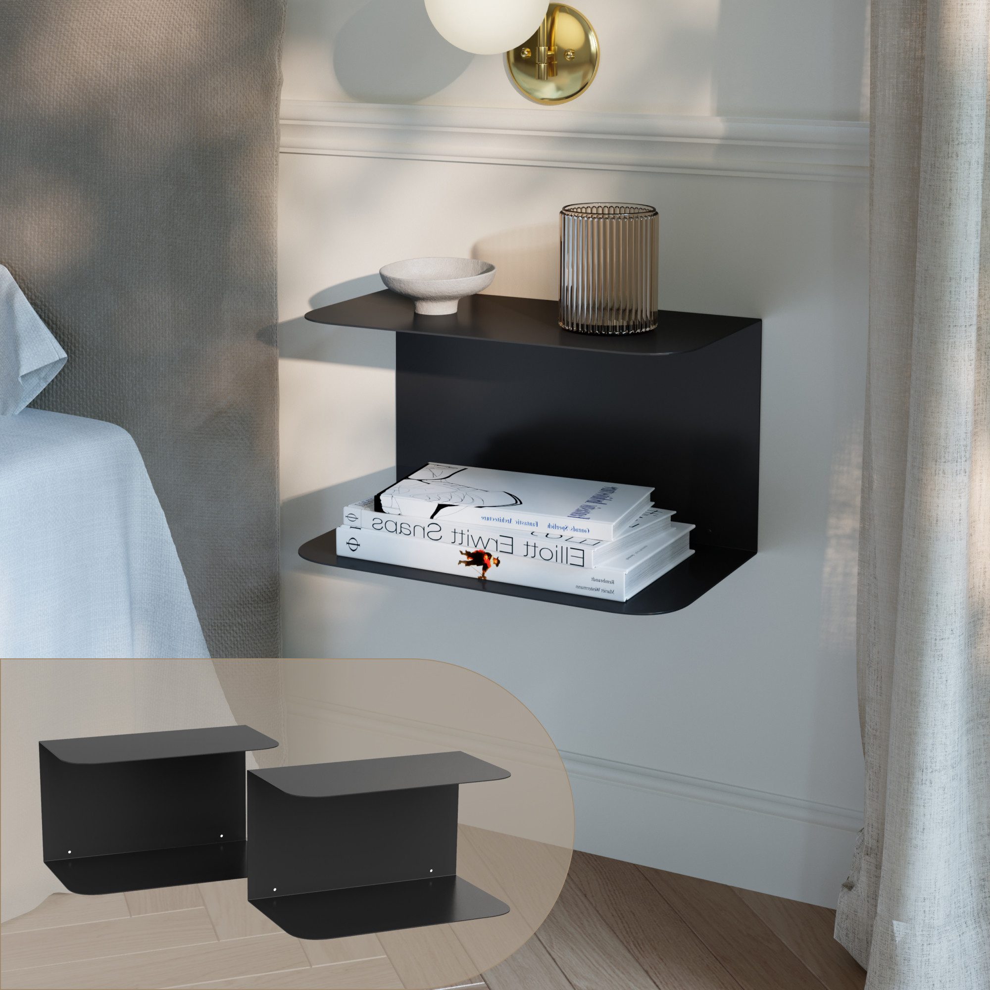 en.casa Wandregal, 2-tlg., 2er Set »Notodden« Stahl 40 x 23 x 23 cm Schwarz