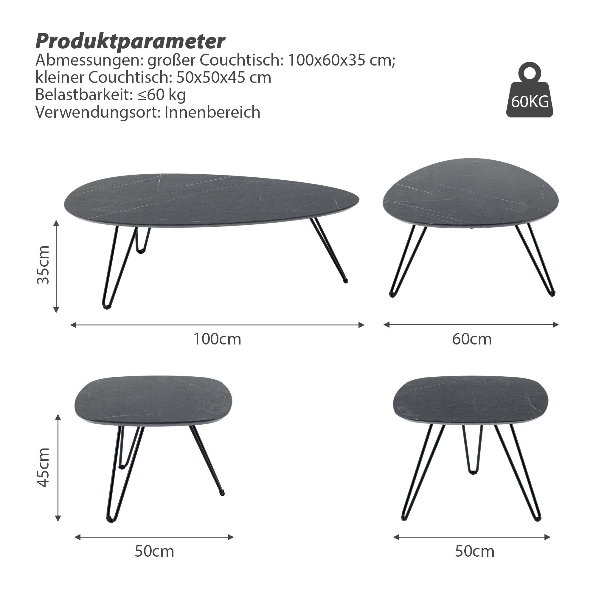 (2-St., HomeGuru Dunkelgrau 2er Set) Design Set,Satztisch,Beistelltisch,Marmormuster,gefast,modernes Couchtisch