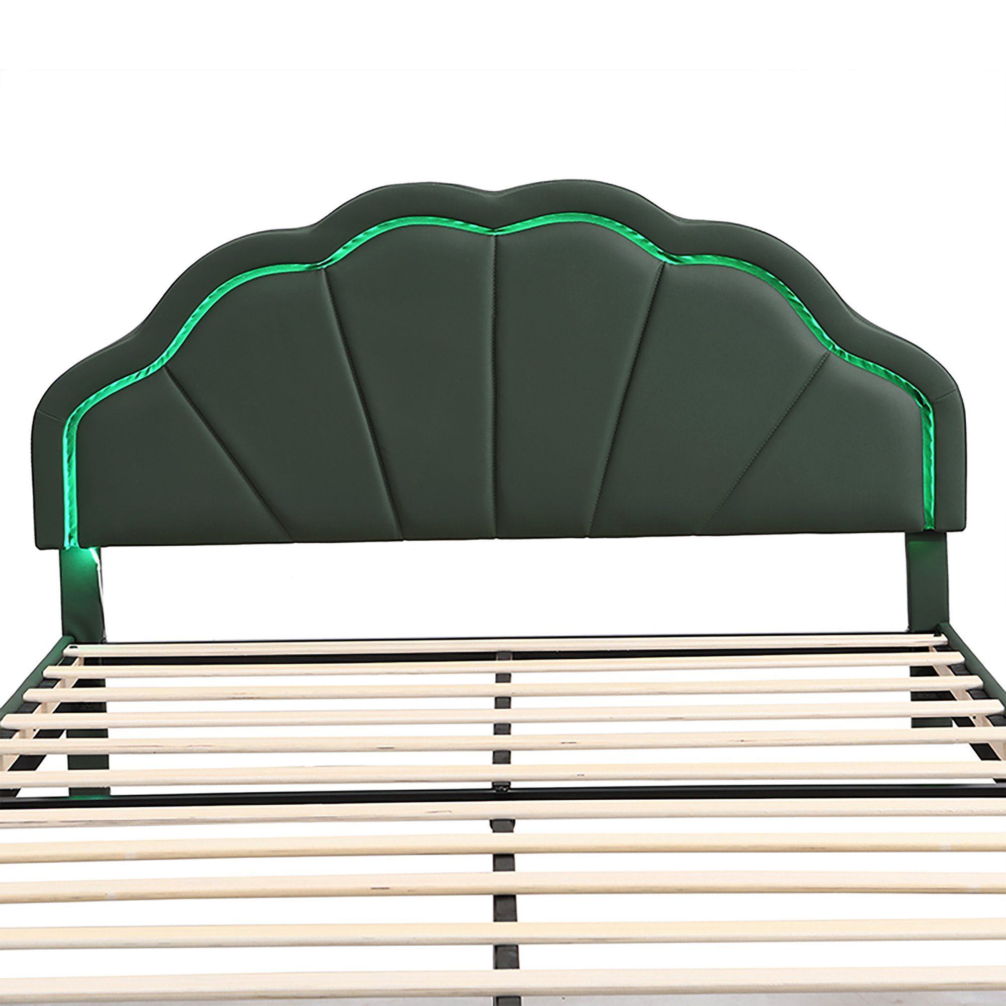 grün Polsterbett, 140x200cm Flieks Doppelbett LED-Beleuchtung/ Kunstleder Muschelkopfteil mit