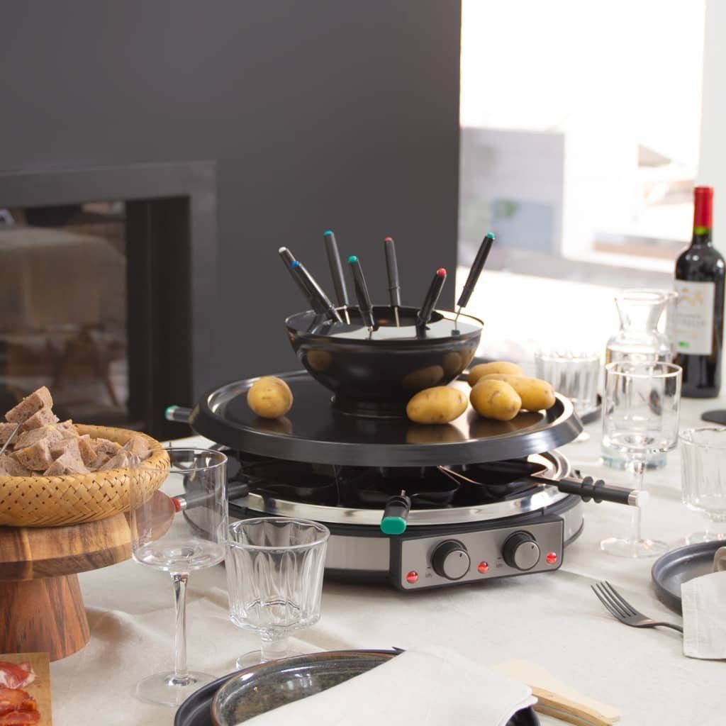 LIVOO Raclette LIVOO 3in1 Raclette Grill Fondue Kombi für 8 Personen 1900  Watt DOC265, 8 Raclettepfännchen, 1900,00 W, 8 Raclettepfännchen, 8  Holzspatel, 1 Fonduetopf, 2 Drehregler